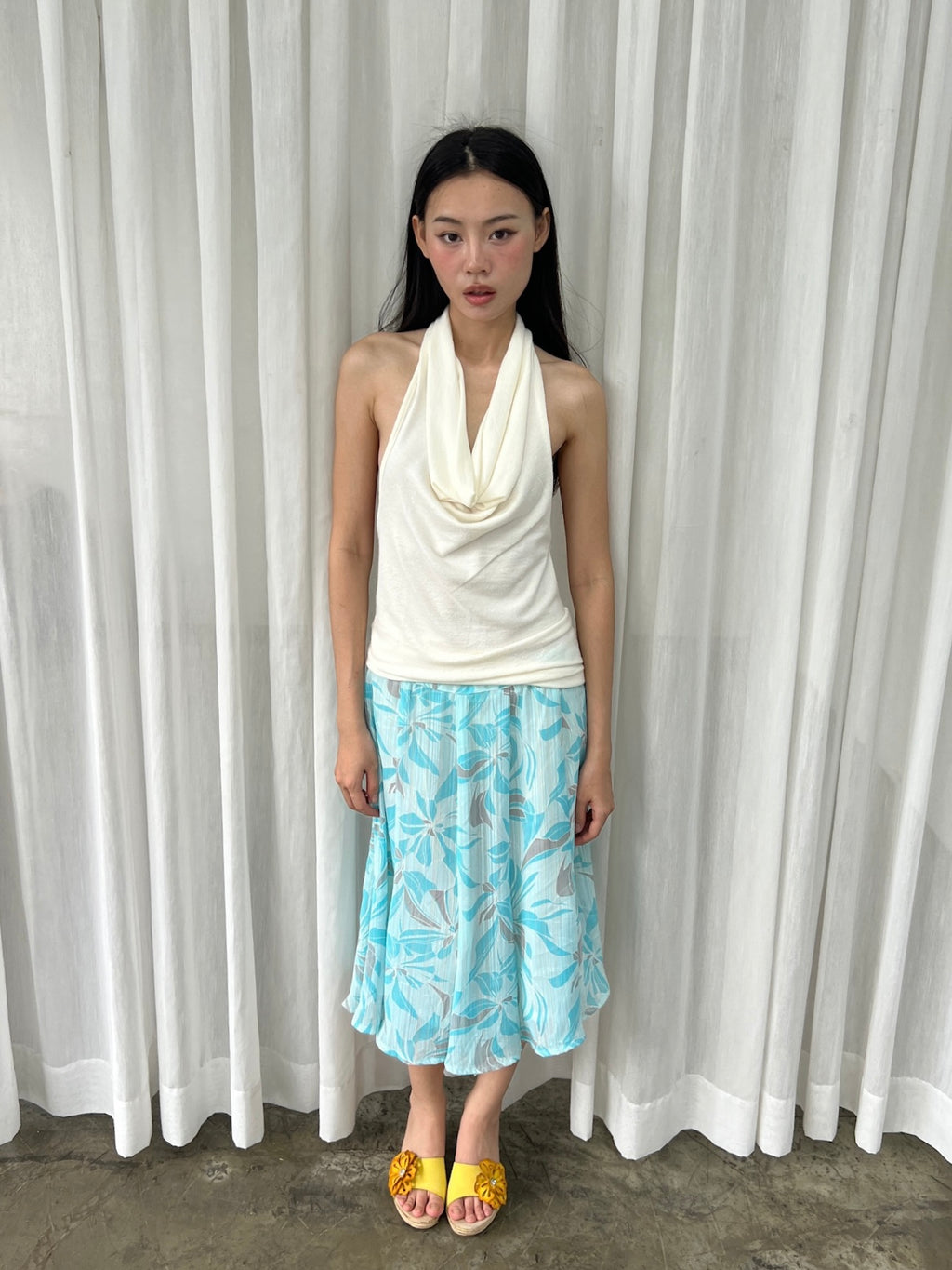 Aqua floral midi skirt