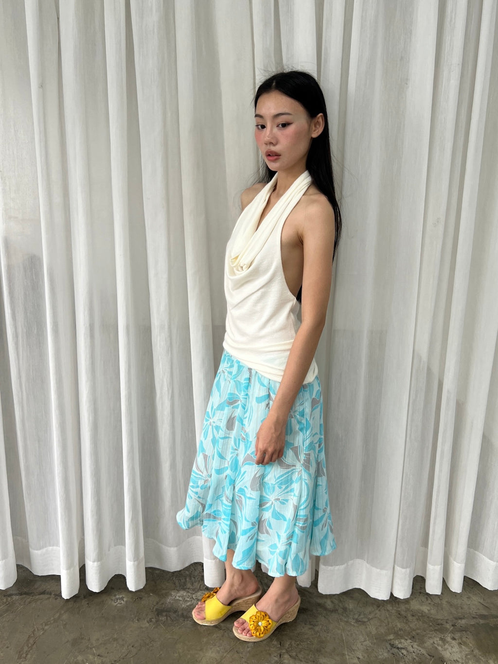 Aqua floral midi skirt
