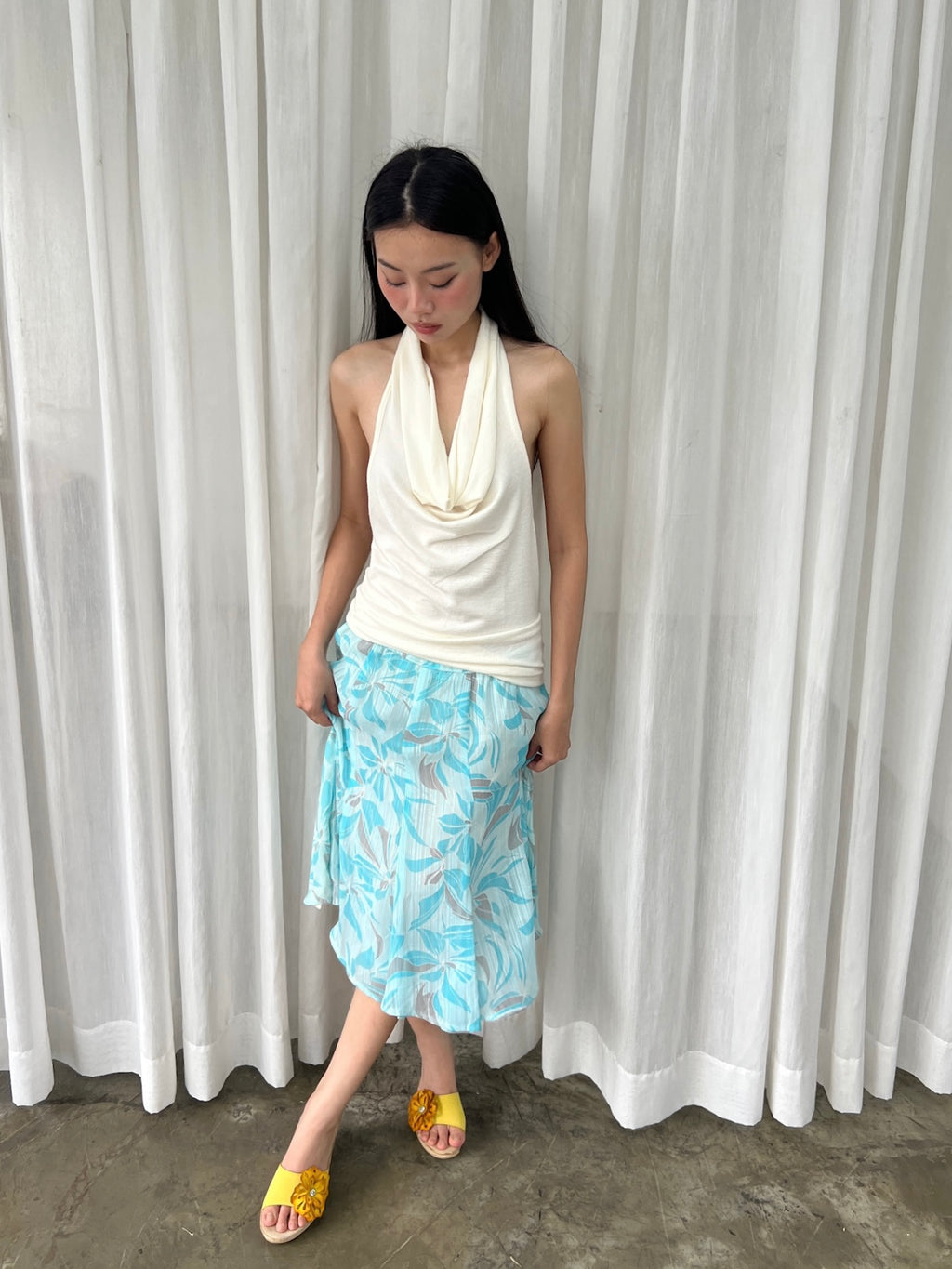 Aqua floral midi skirt