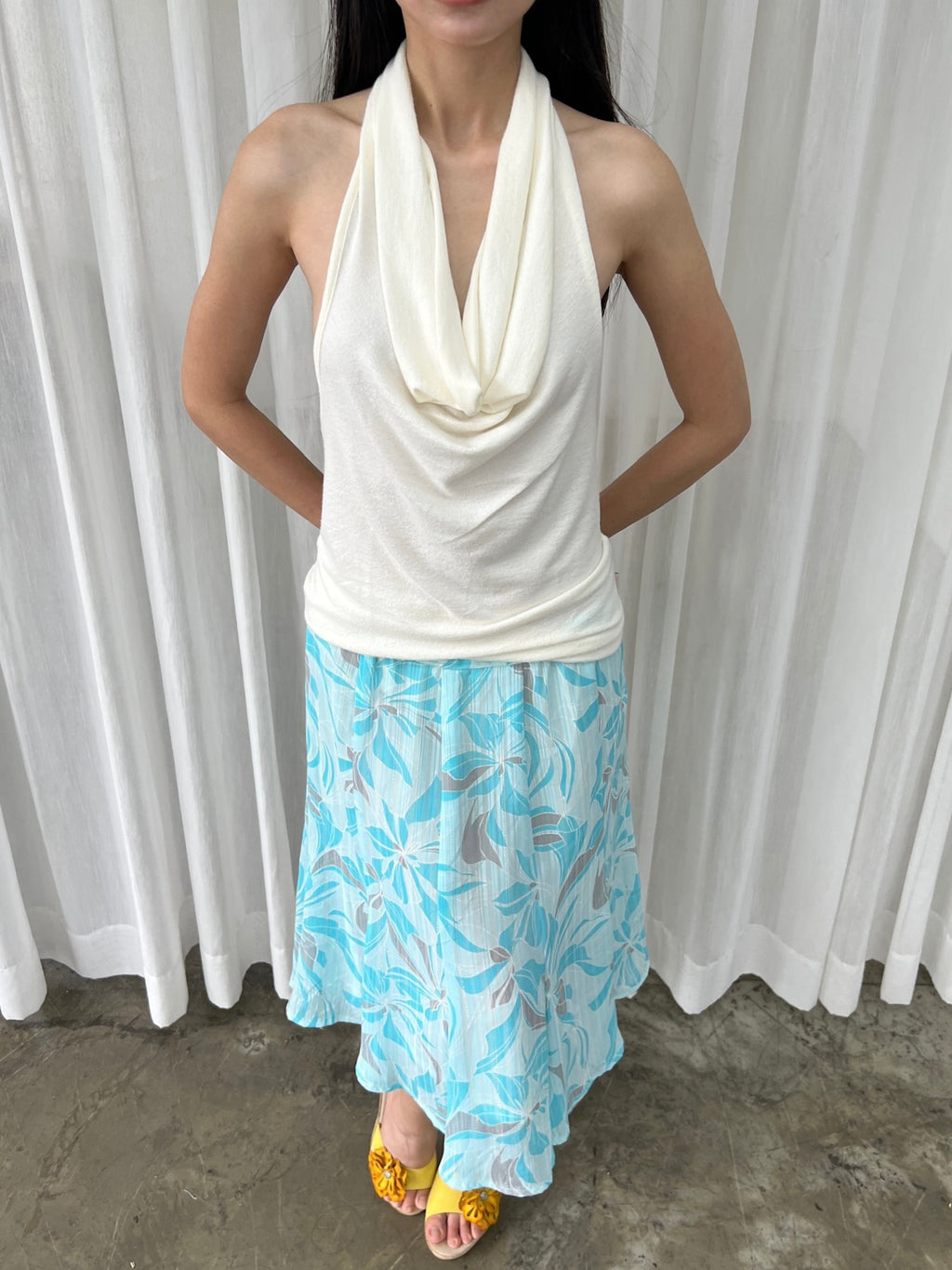 Aqua floral midi skirt