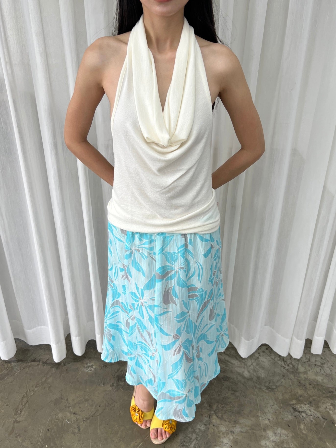 Aqua floral midi skirt