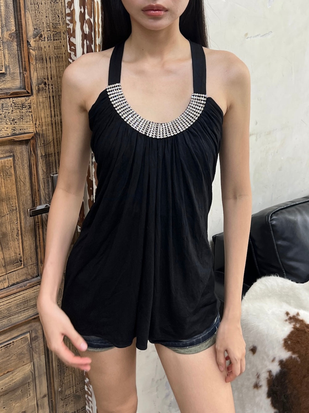 Black rhinestone halter top