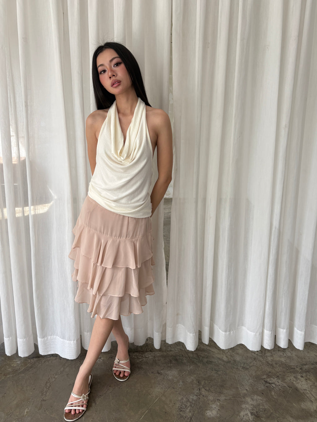 Blush cascade ruffle skirt