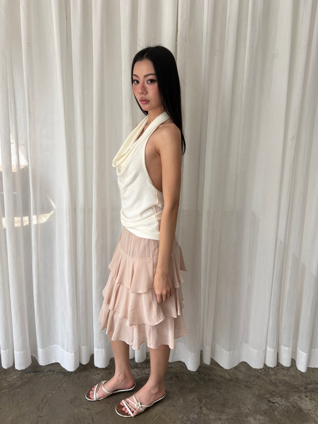 Blush cascade ruffle skirt