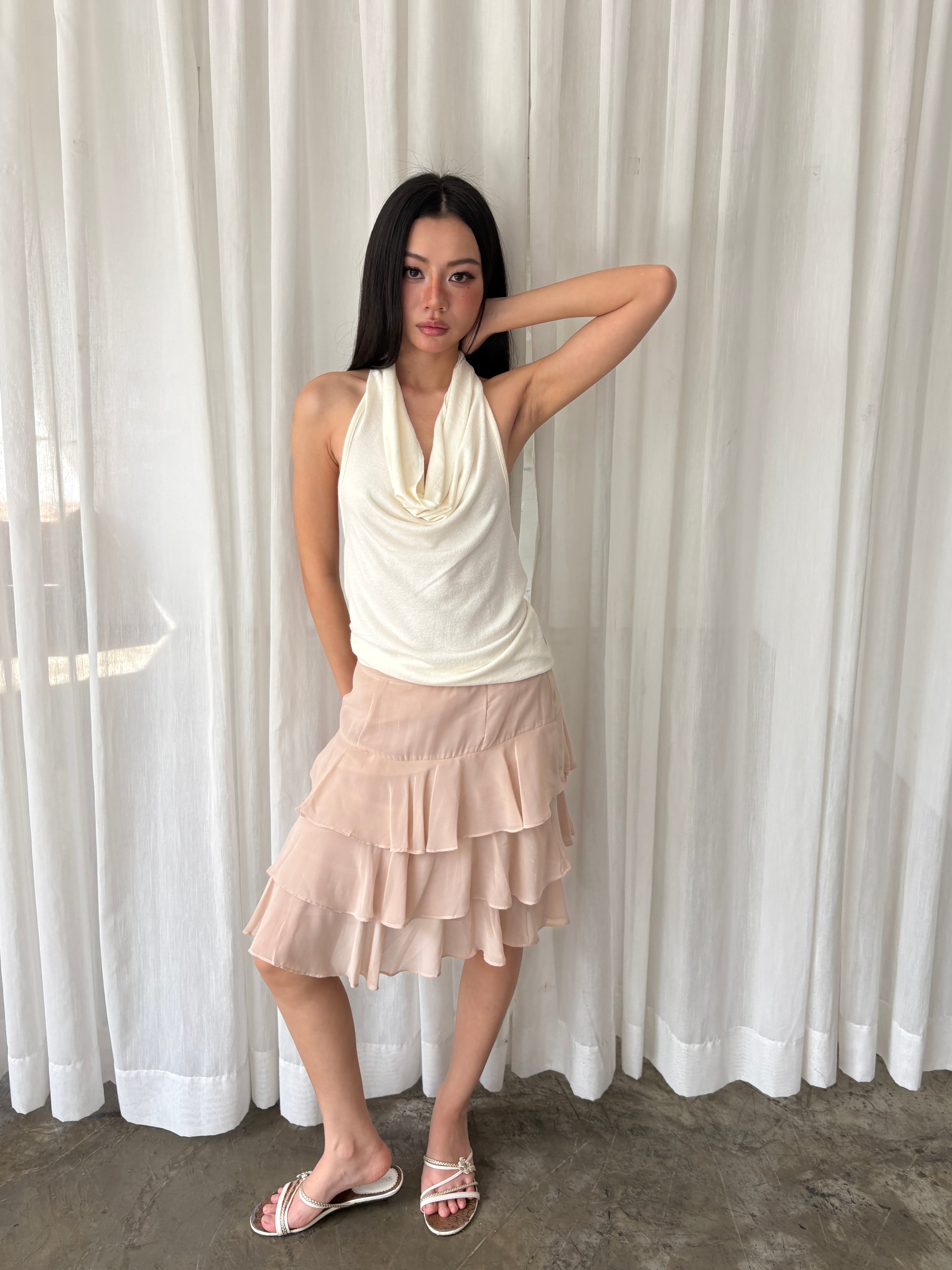 Blush cascade ruffle skirt