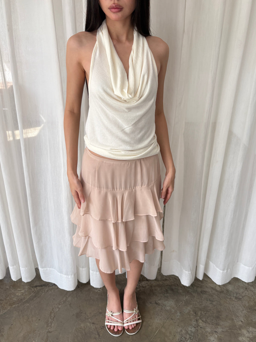 Blush cascade ruffle skirt