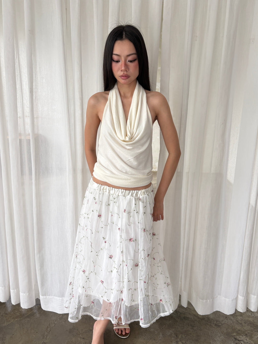 Embroidered mesh maxi skirt