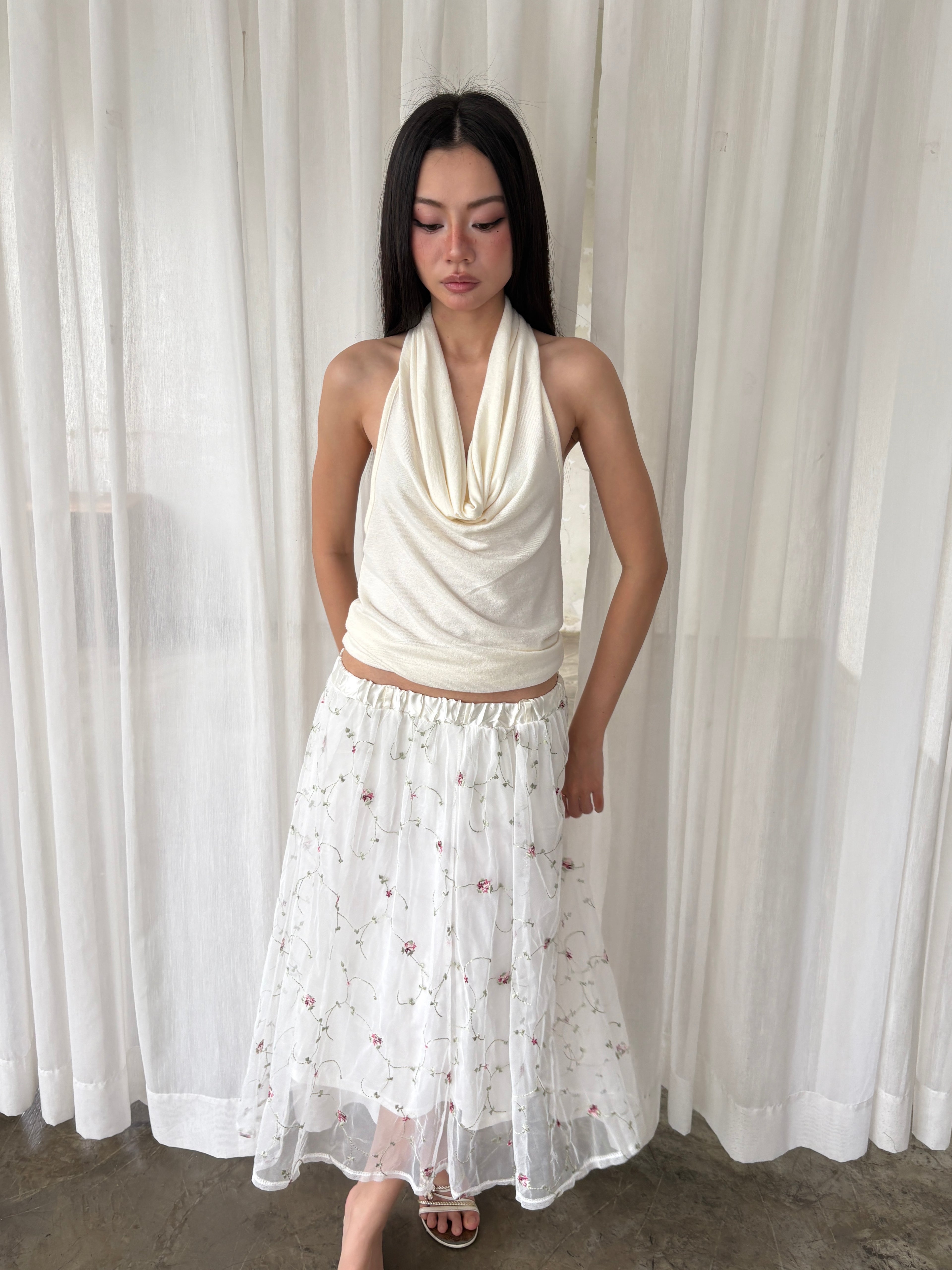 Embroidered mesh maxi skirt