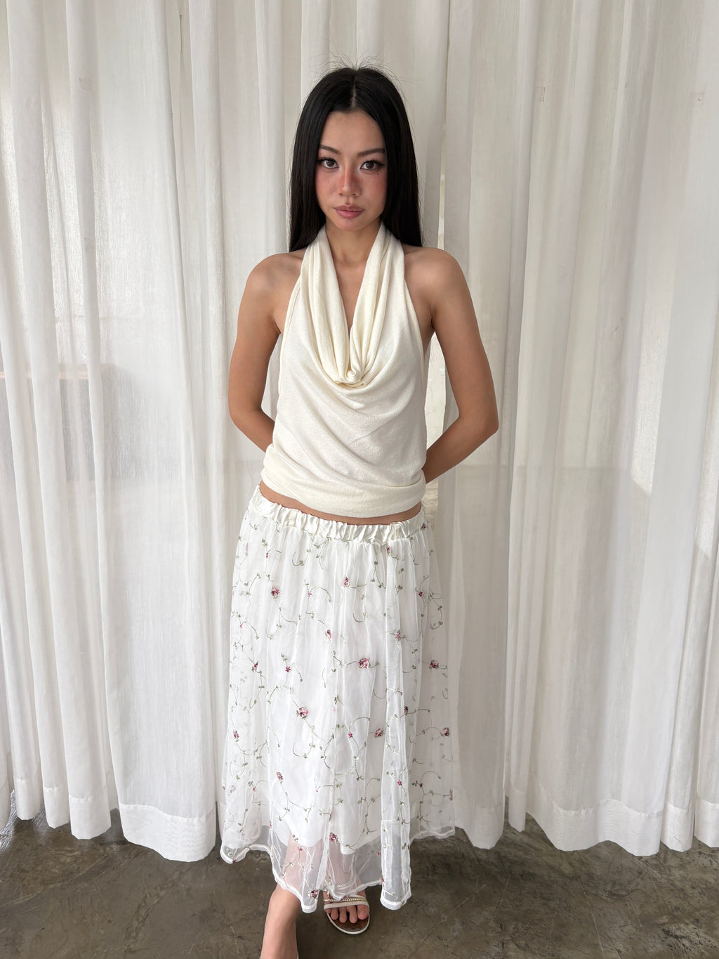 Embroidered mesh maxi skirt