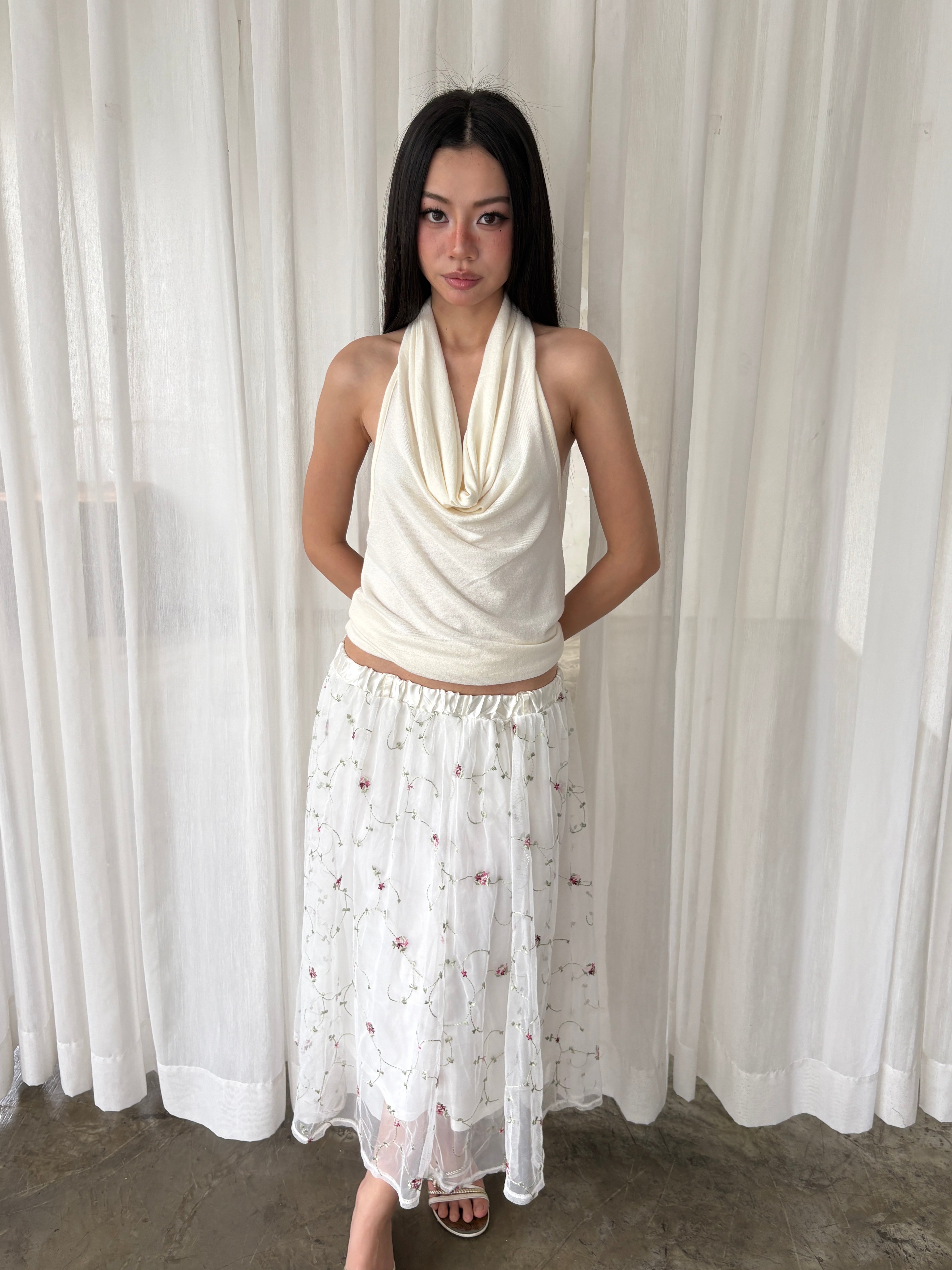Embroidered mesh maxi skirt