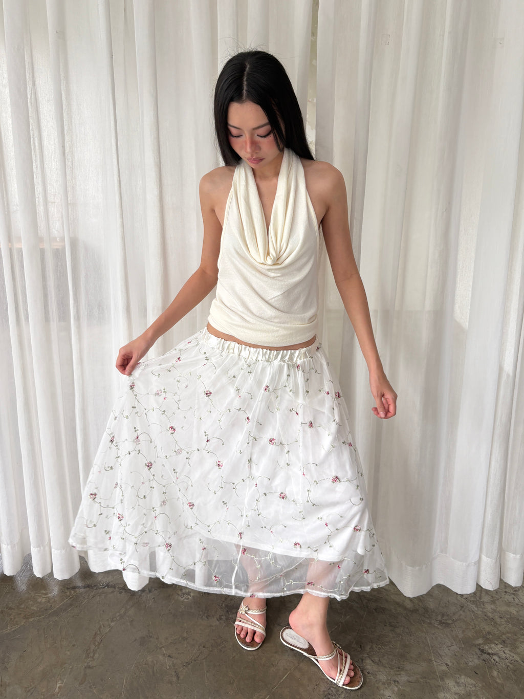 Embroidered mesh maxi skirt