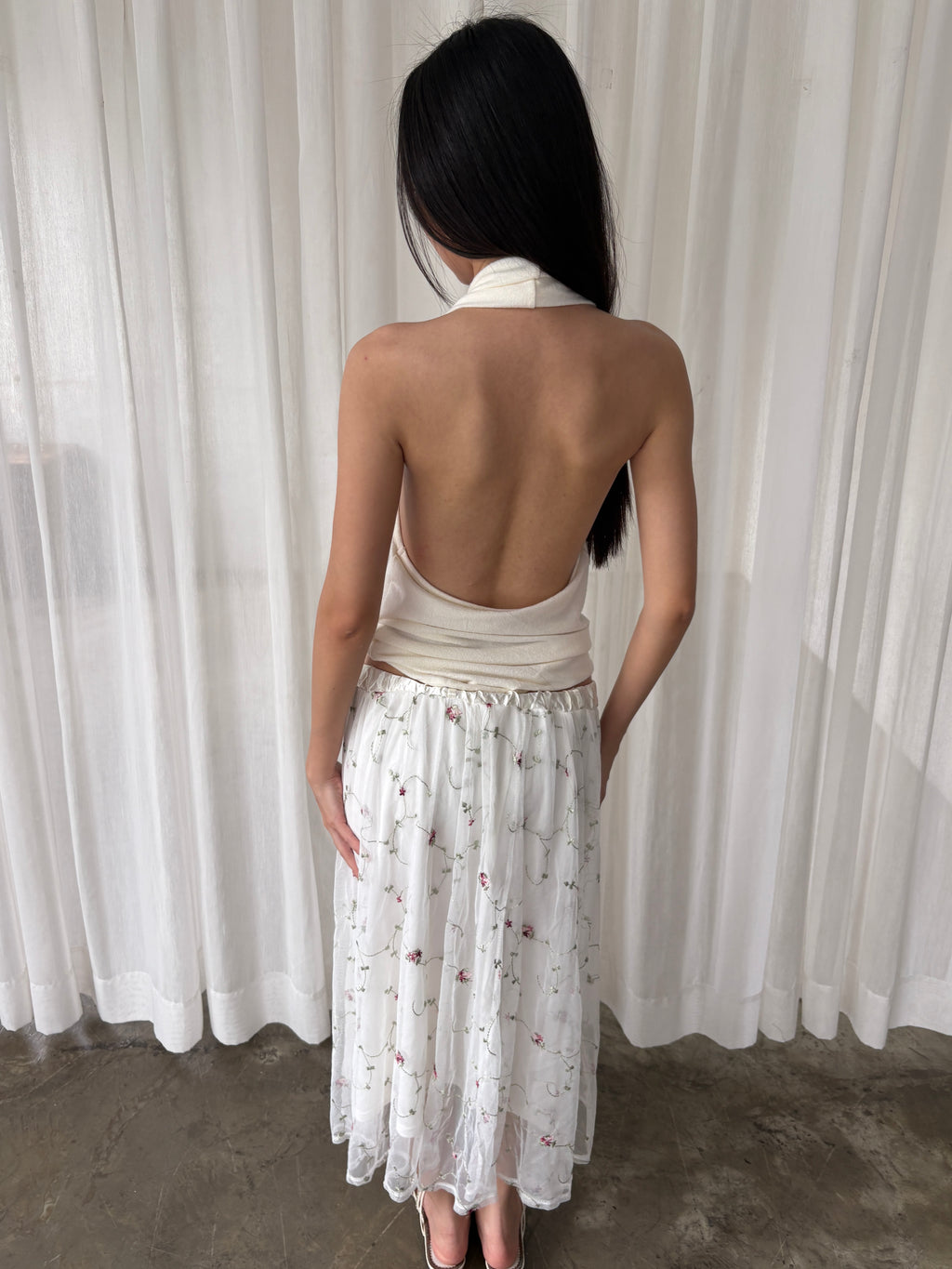 Embroidered mesh maxi skirt