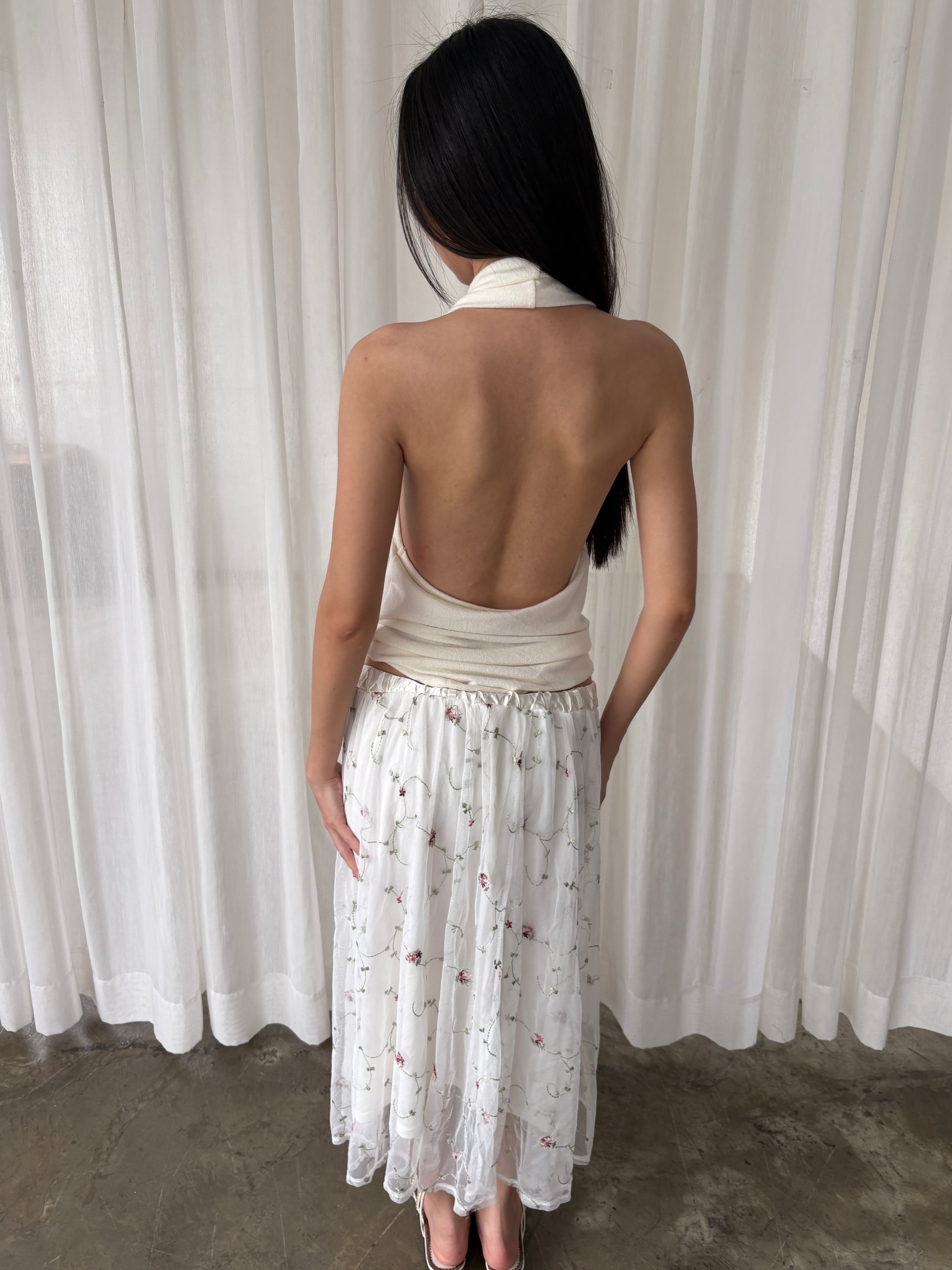 Embroidered mesh maxi skirt