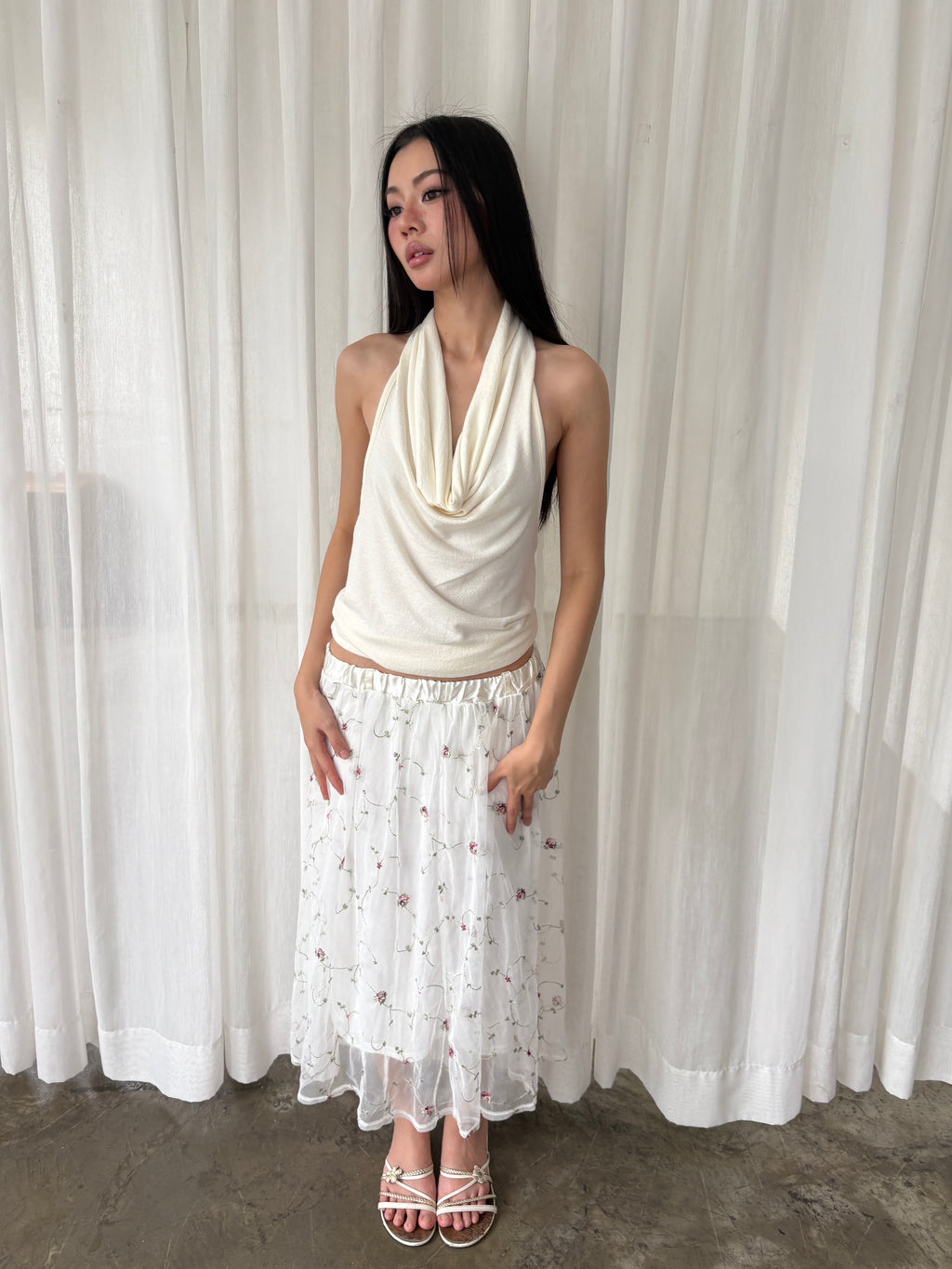 Embroidered mesh maxi skirt