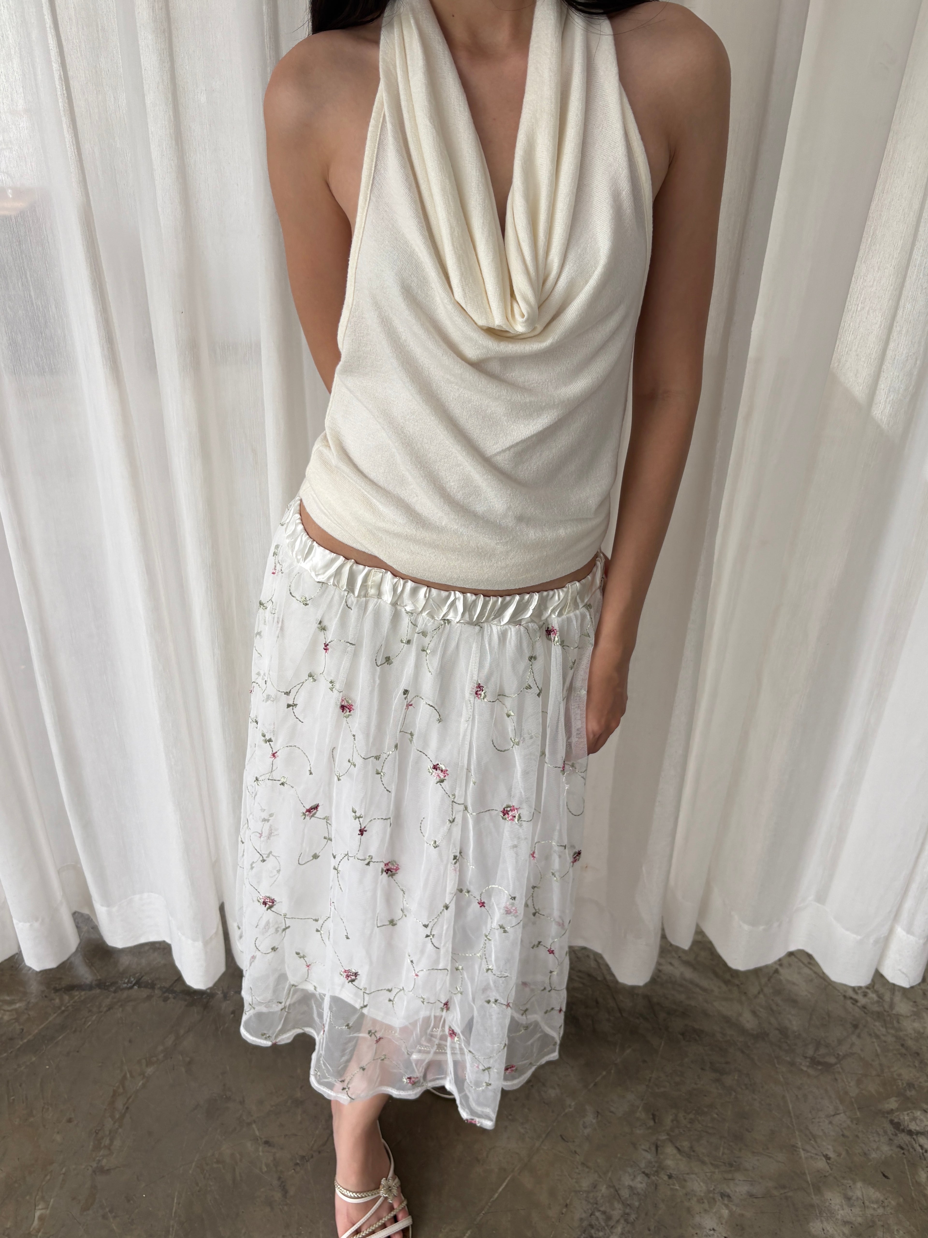 Embroidered mesh maxi skirt