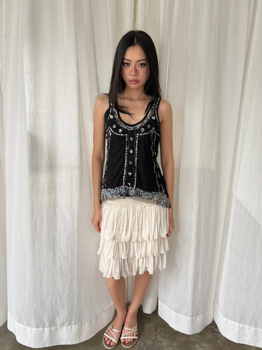 Embellished mesh tank