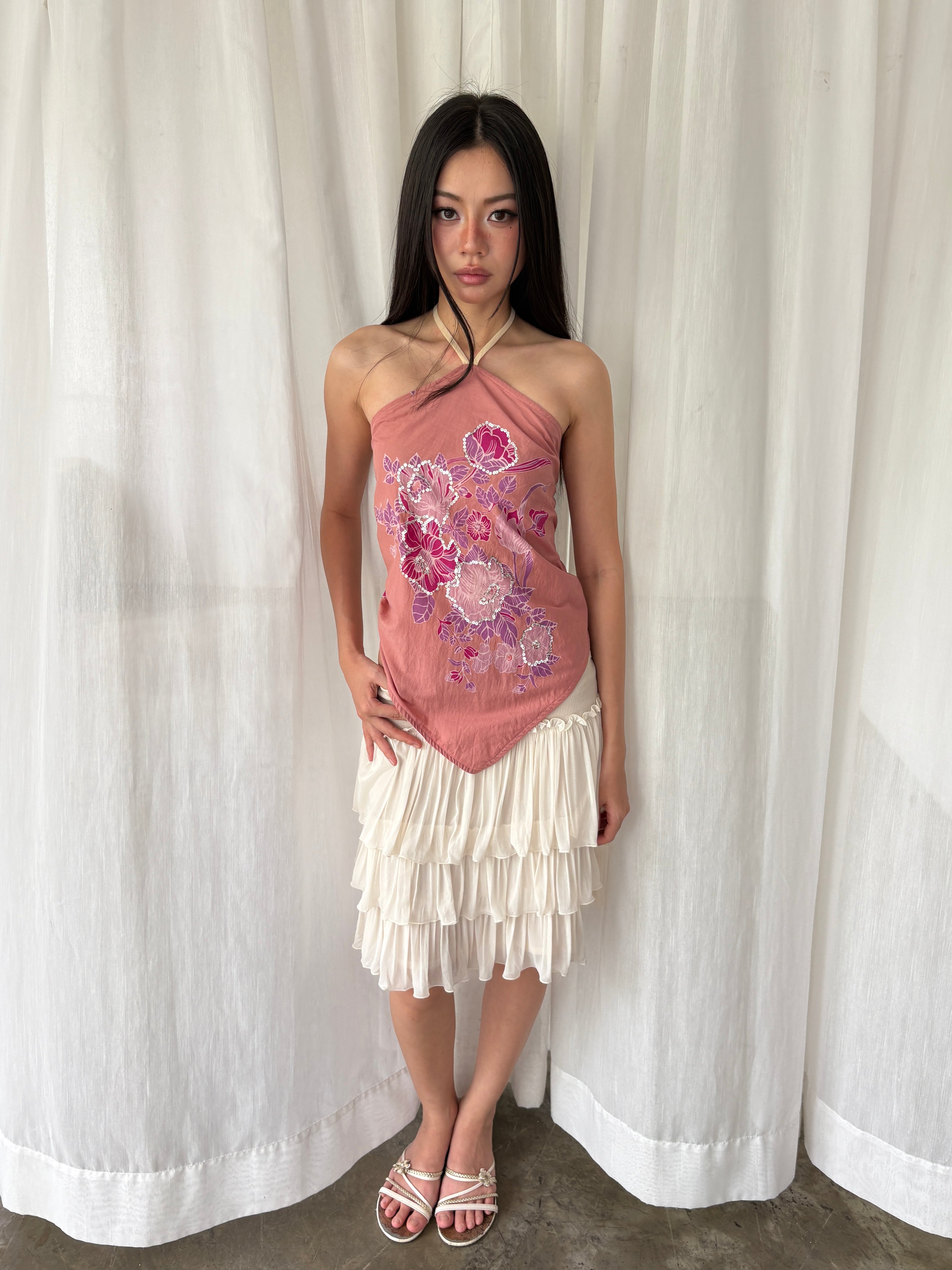 Open back embroidered sequin top
