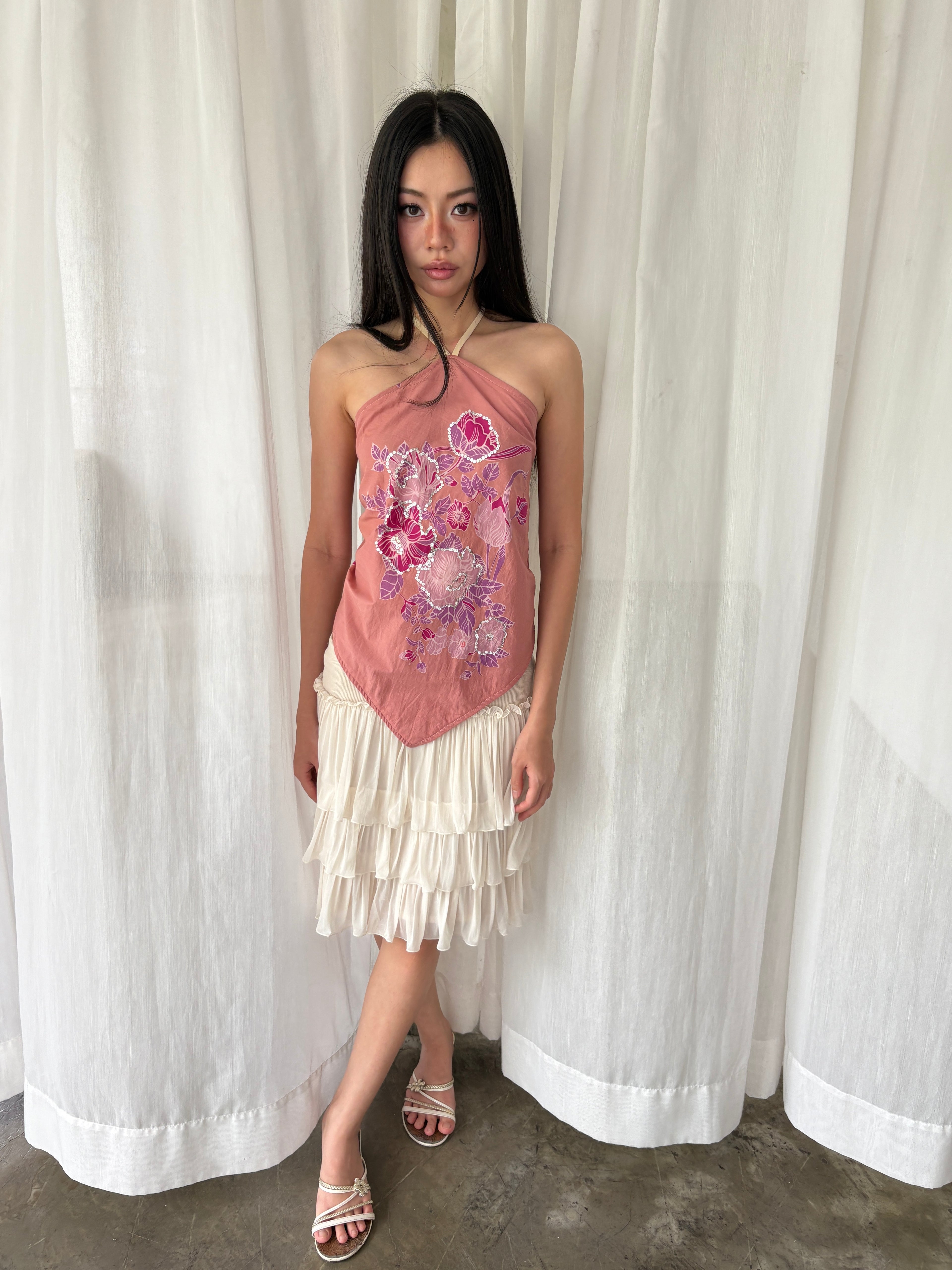 Open back embroidered sequin top