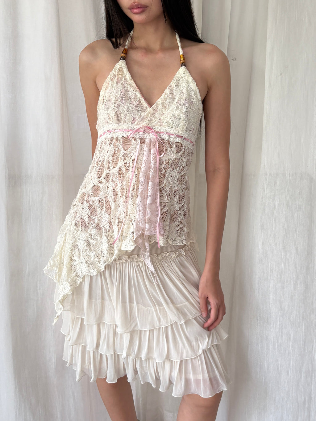 Asymmetrical lace halter top