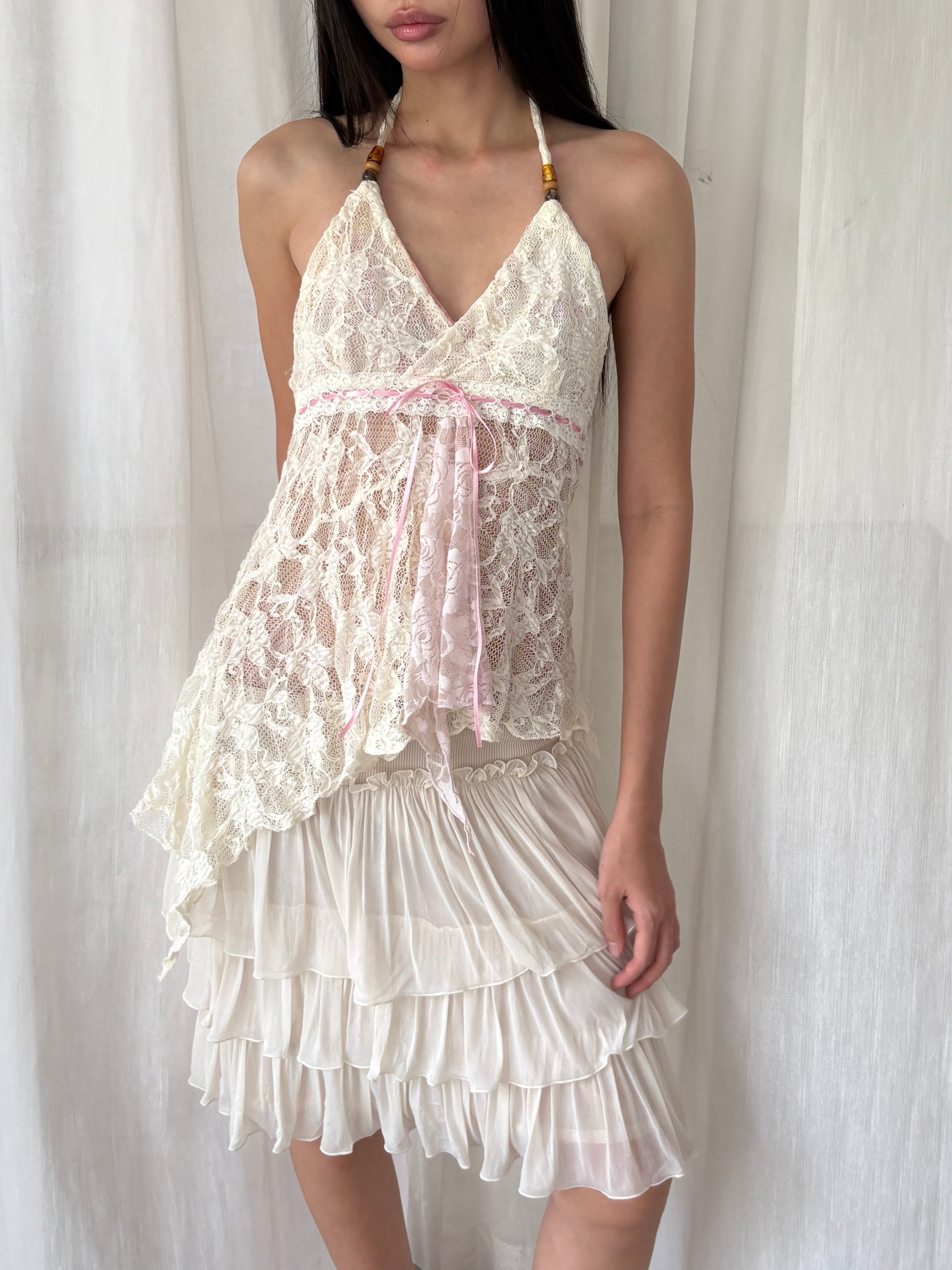 Asymmetrical lace halter top
