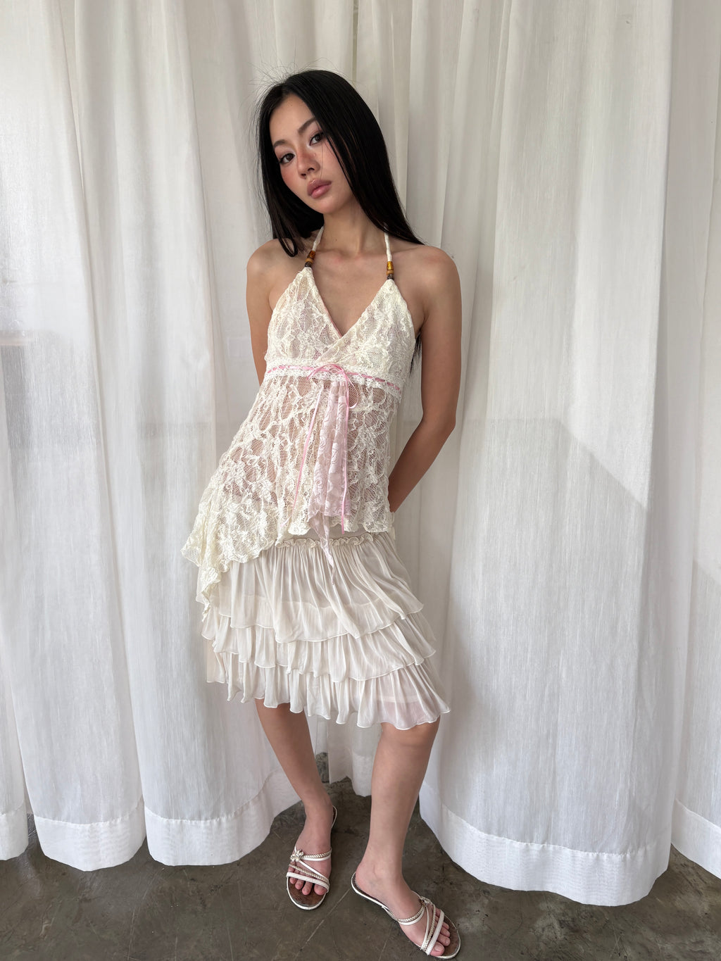 Asymmetrical lace halter top