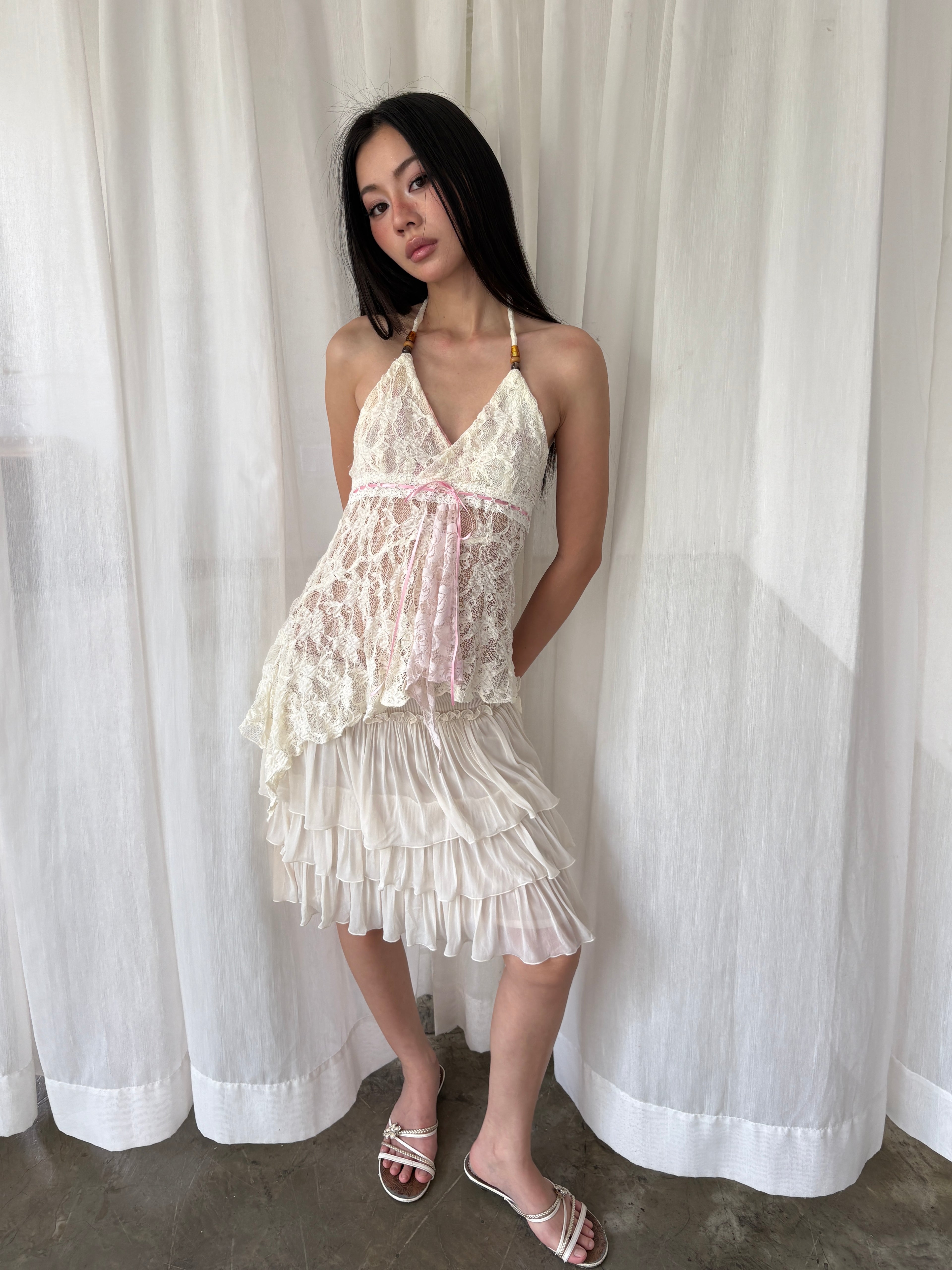 Asymmetrical lace halter top