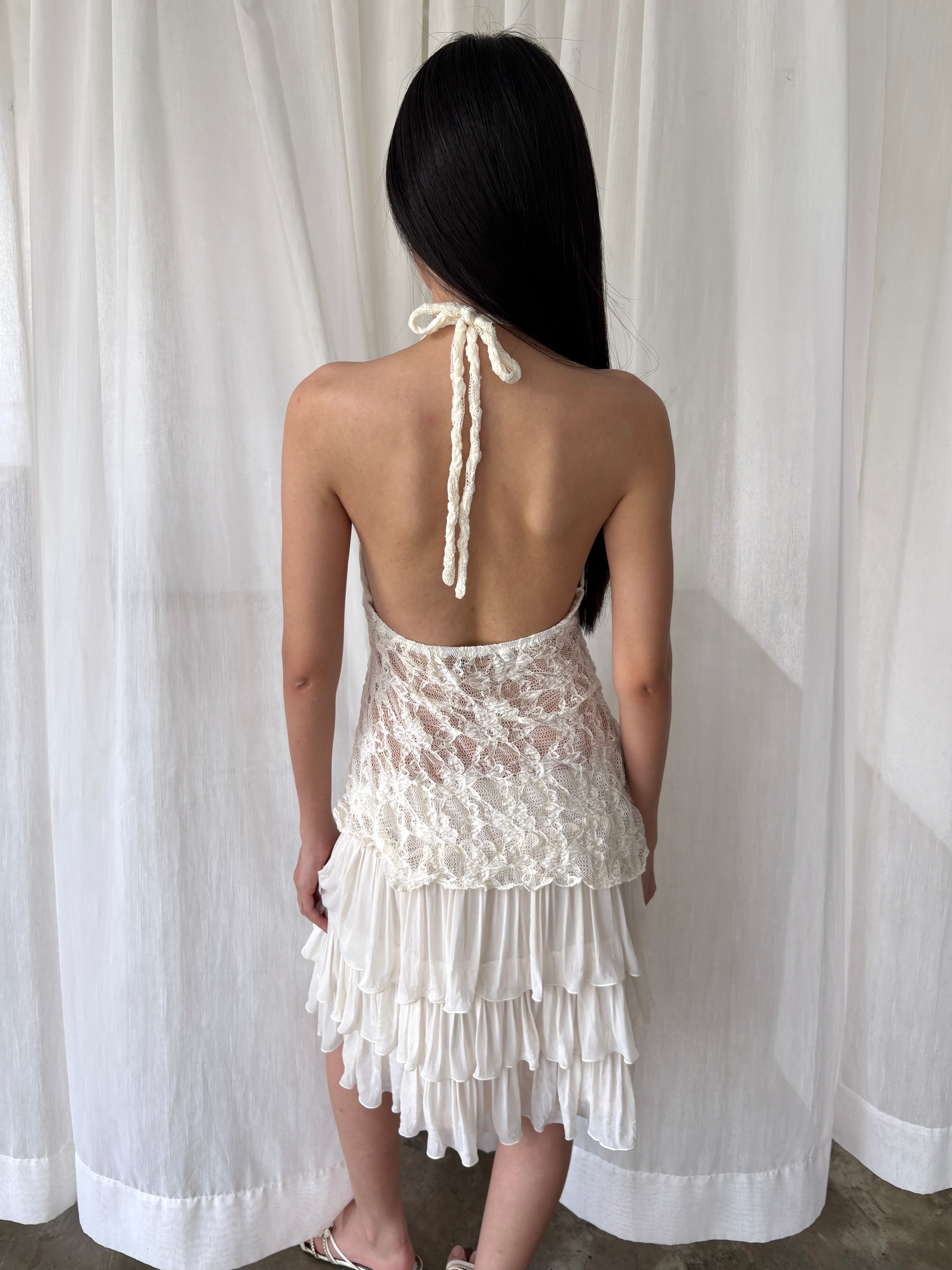 Asymmetrical lace halter top