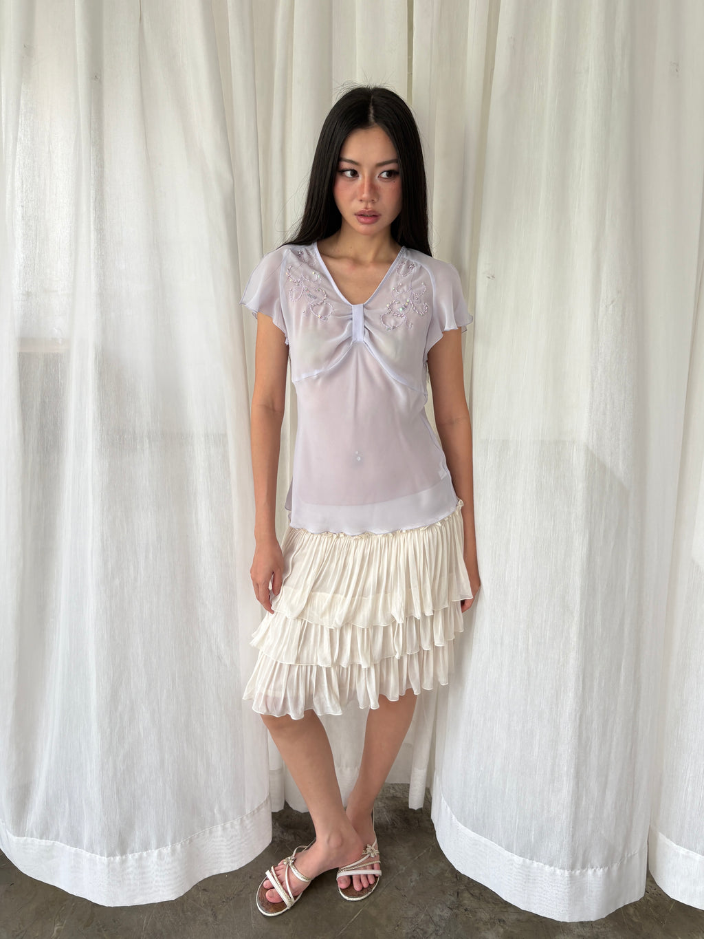 Lilac sequined sheer blouse