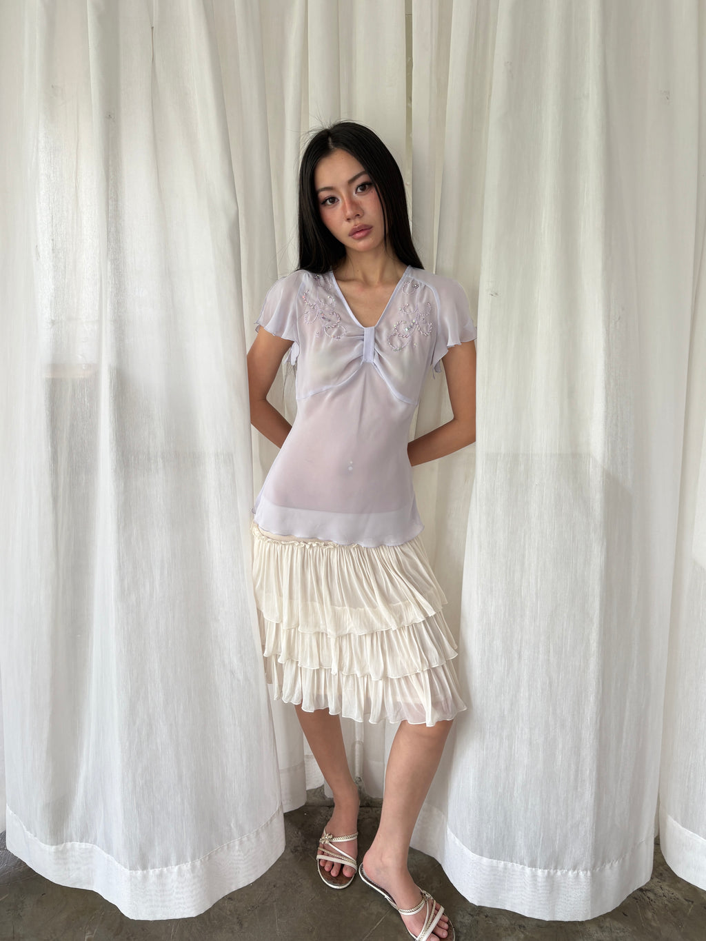 Lilac sequined sheer blouse
