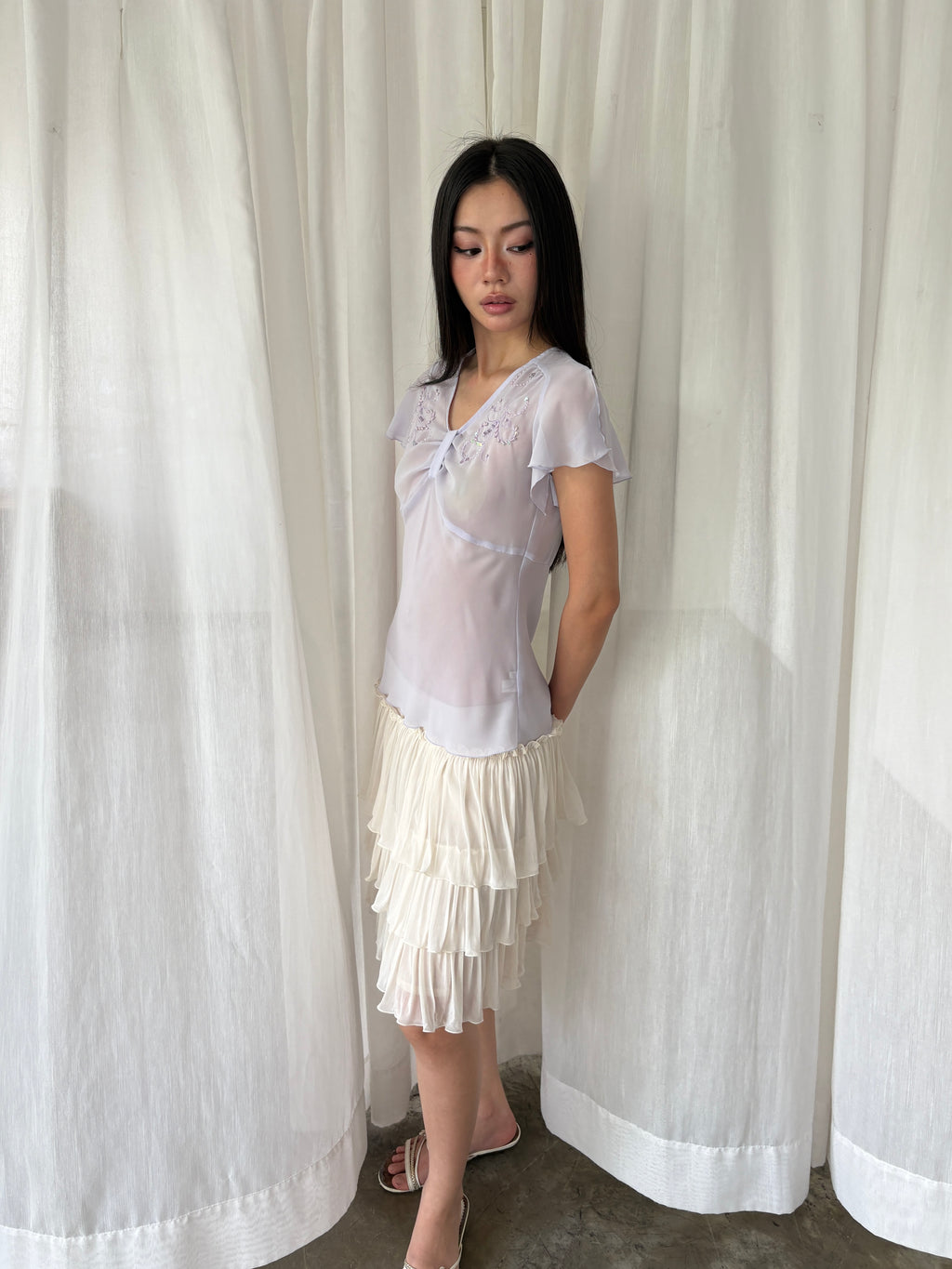 Lilac sequined sheer blouse