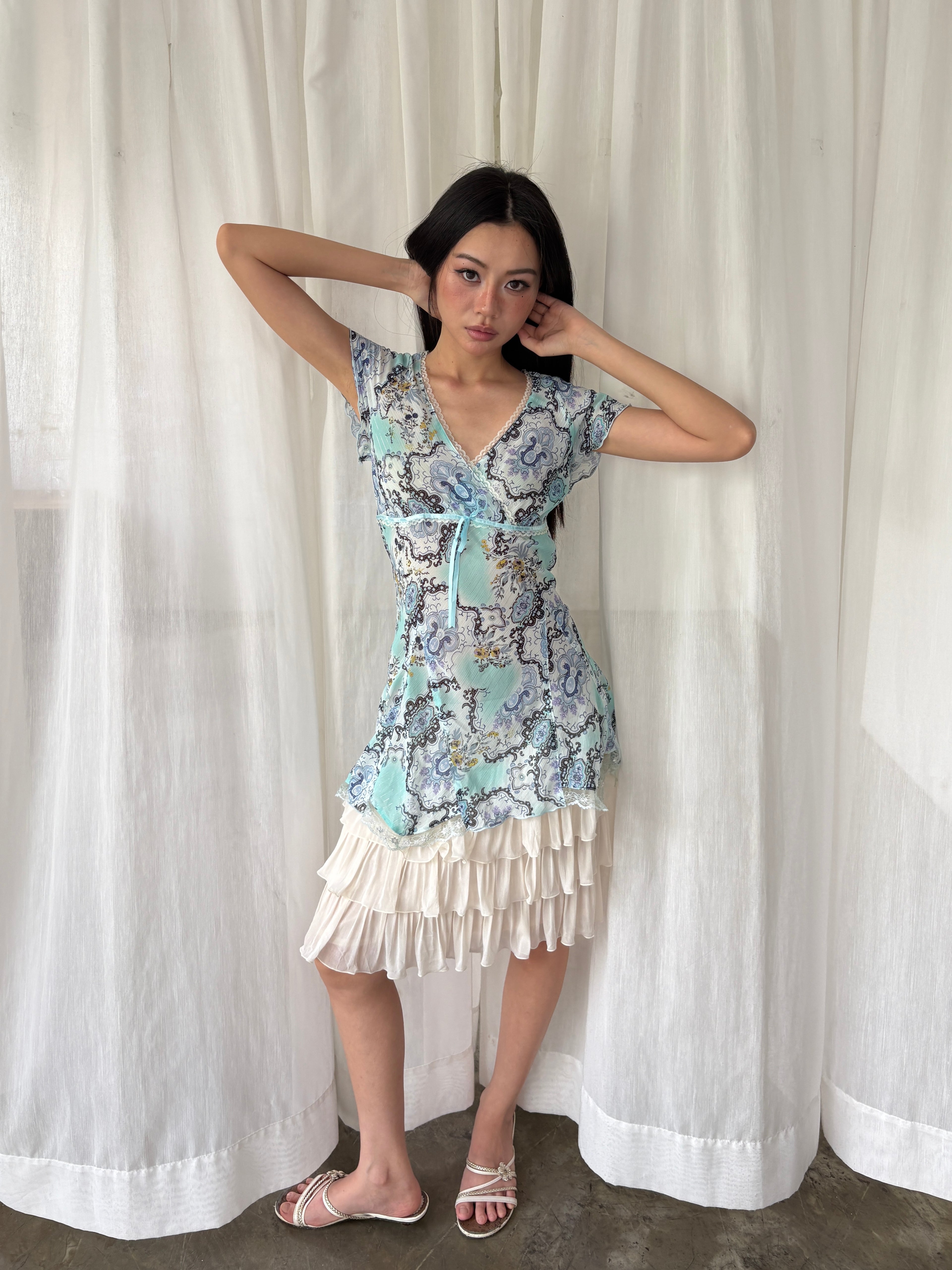 Blue paisley lace trim blouse