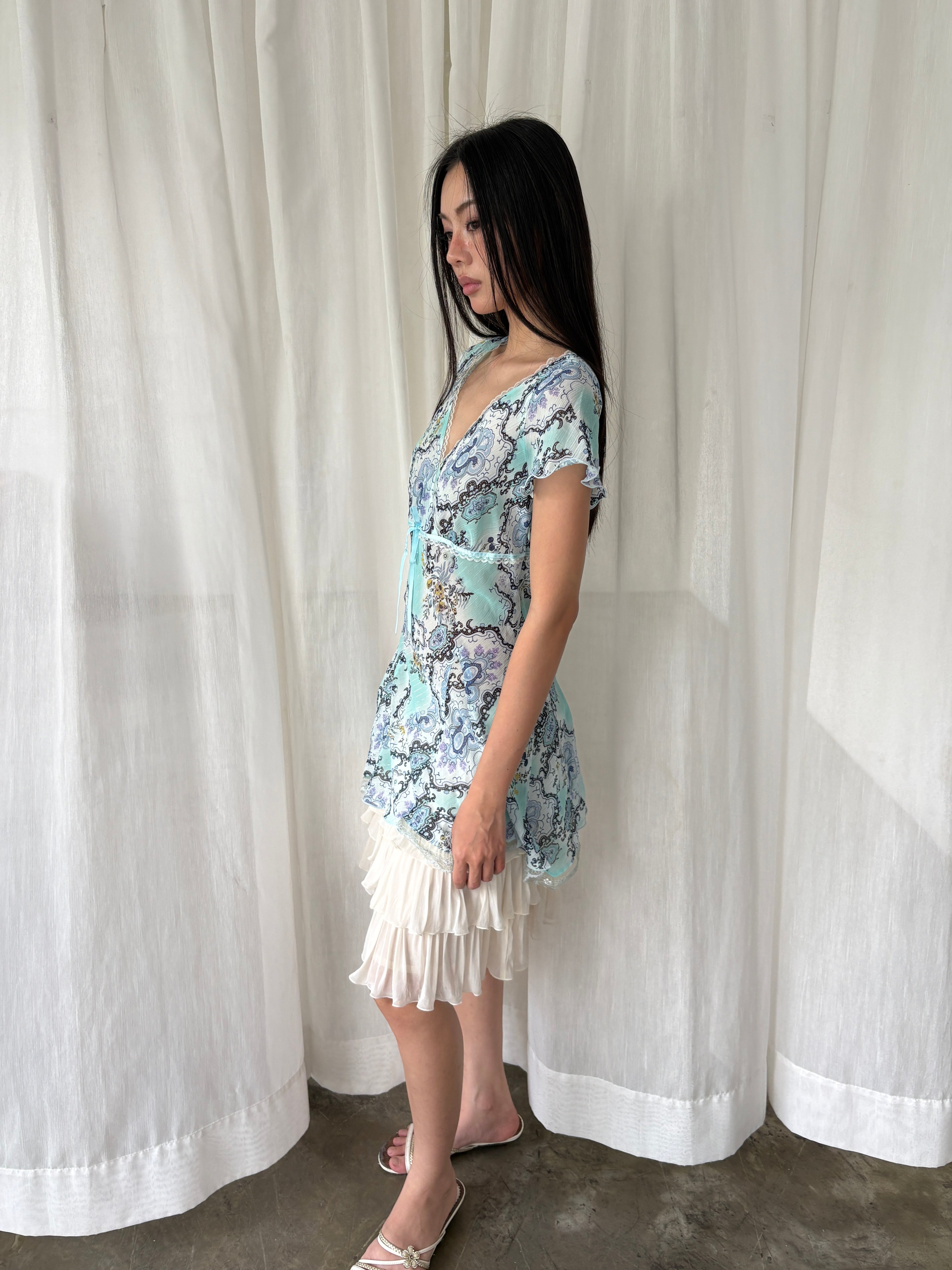 Blue paisley lace trim blouse