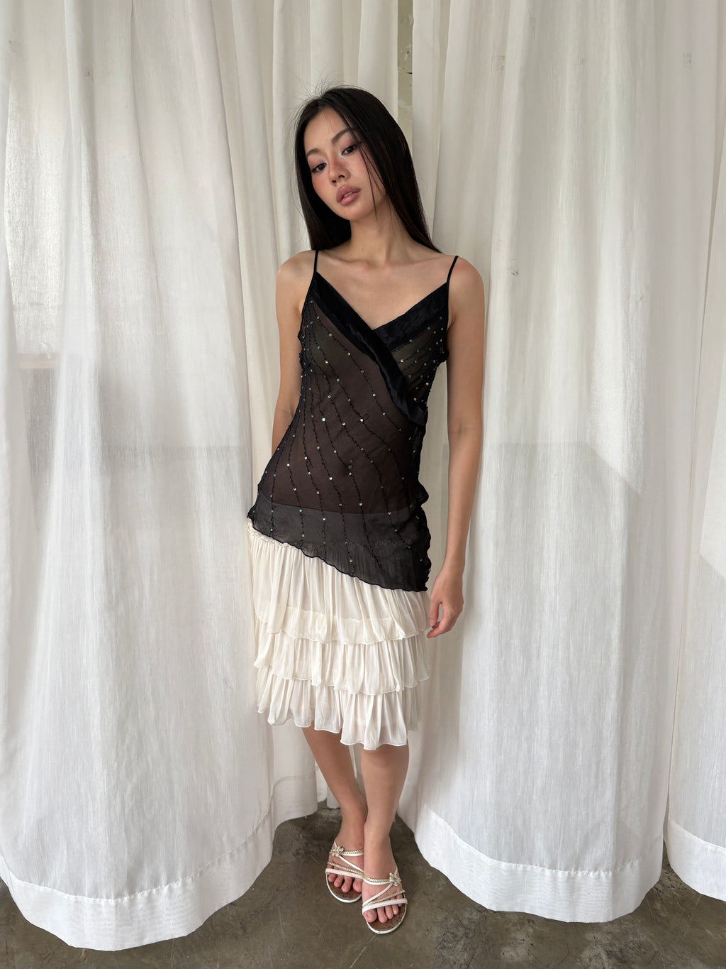 Black sequined sheer camisole