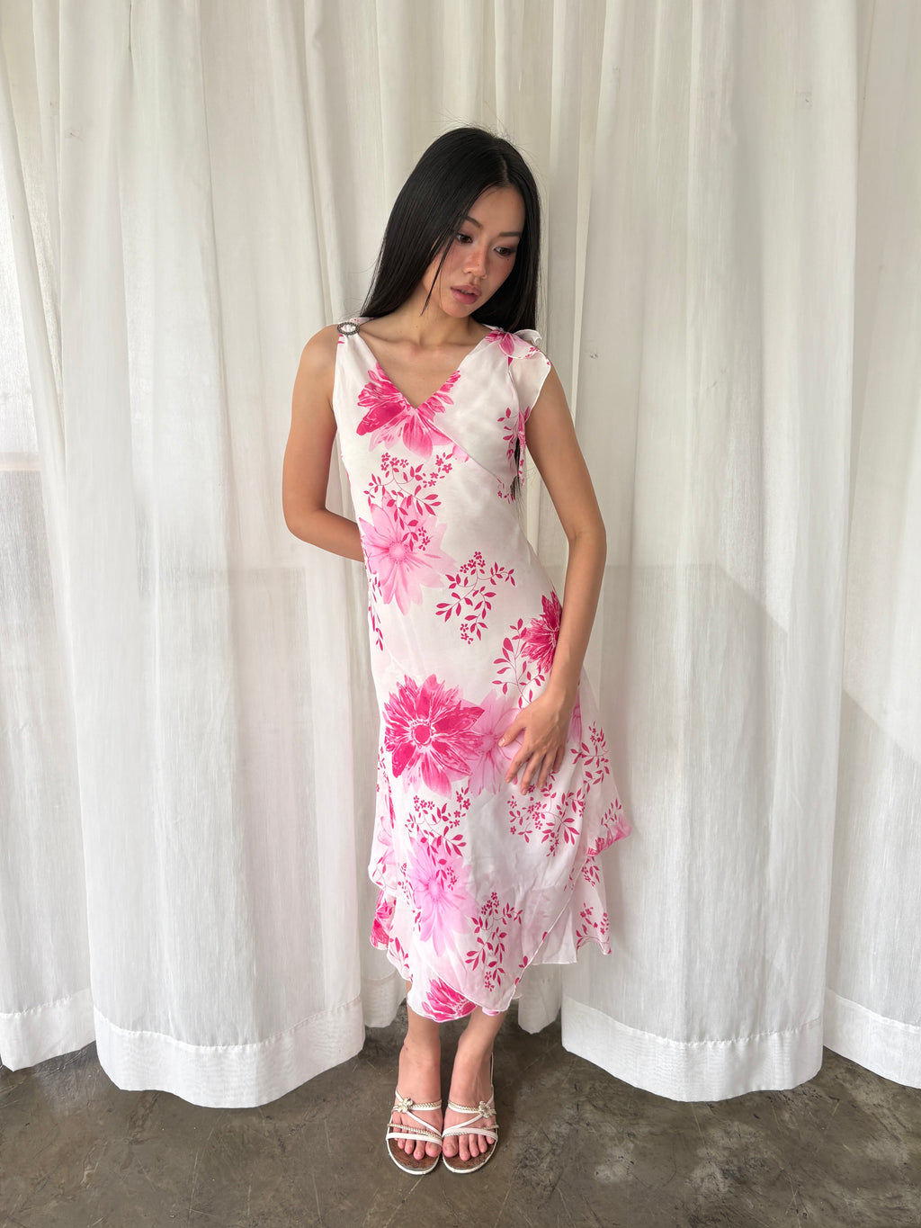 Pink floral asymmetric midi dress