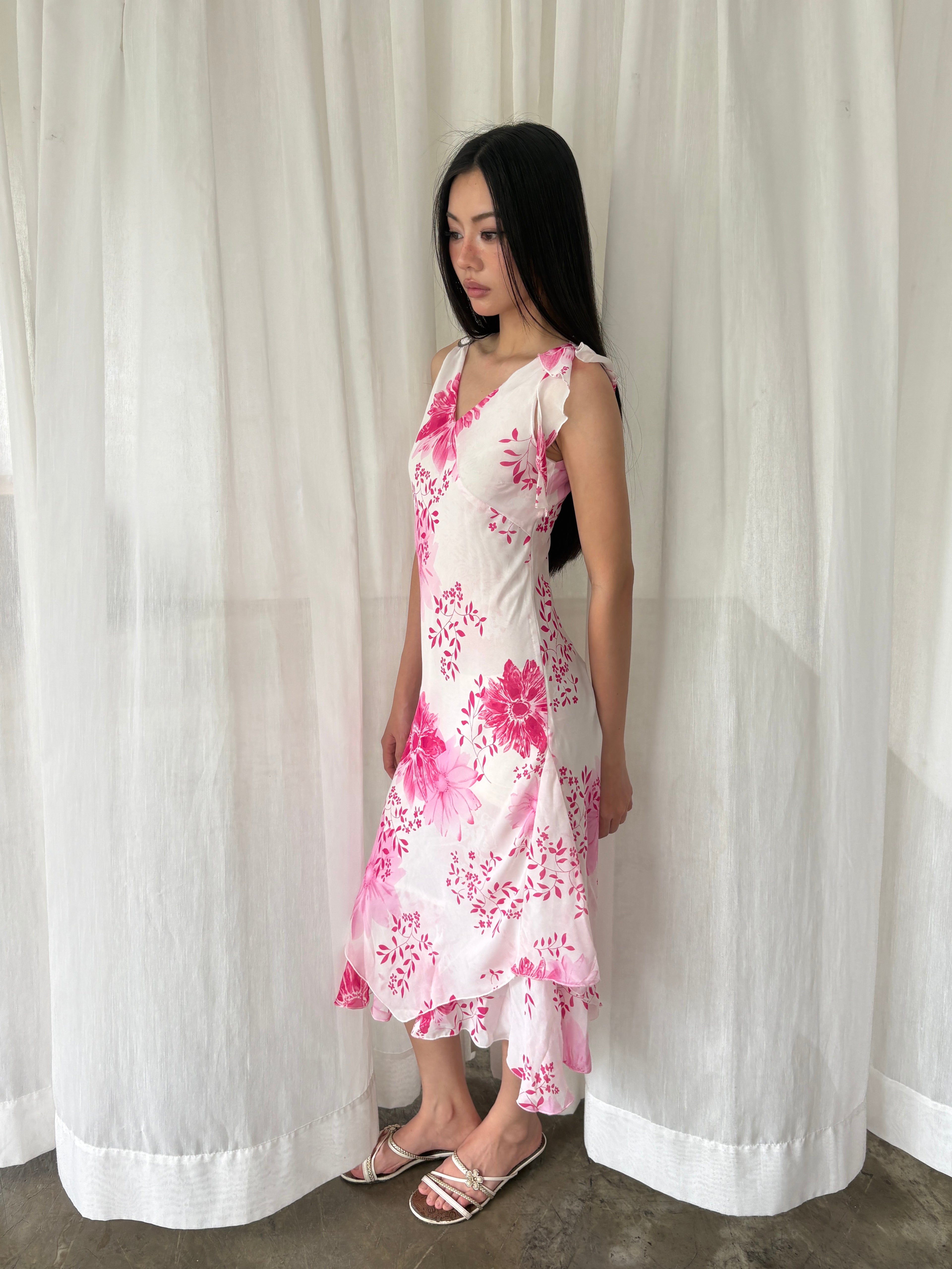 Pink floral asymmetric midi dress