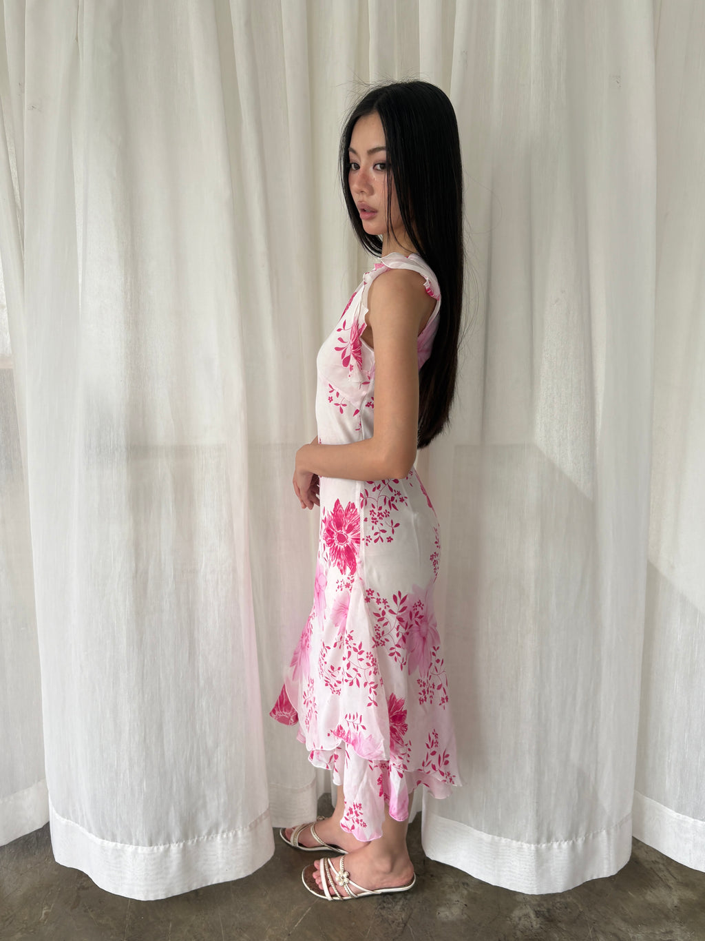 Pink floral asymmetric midi dress