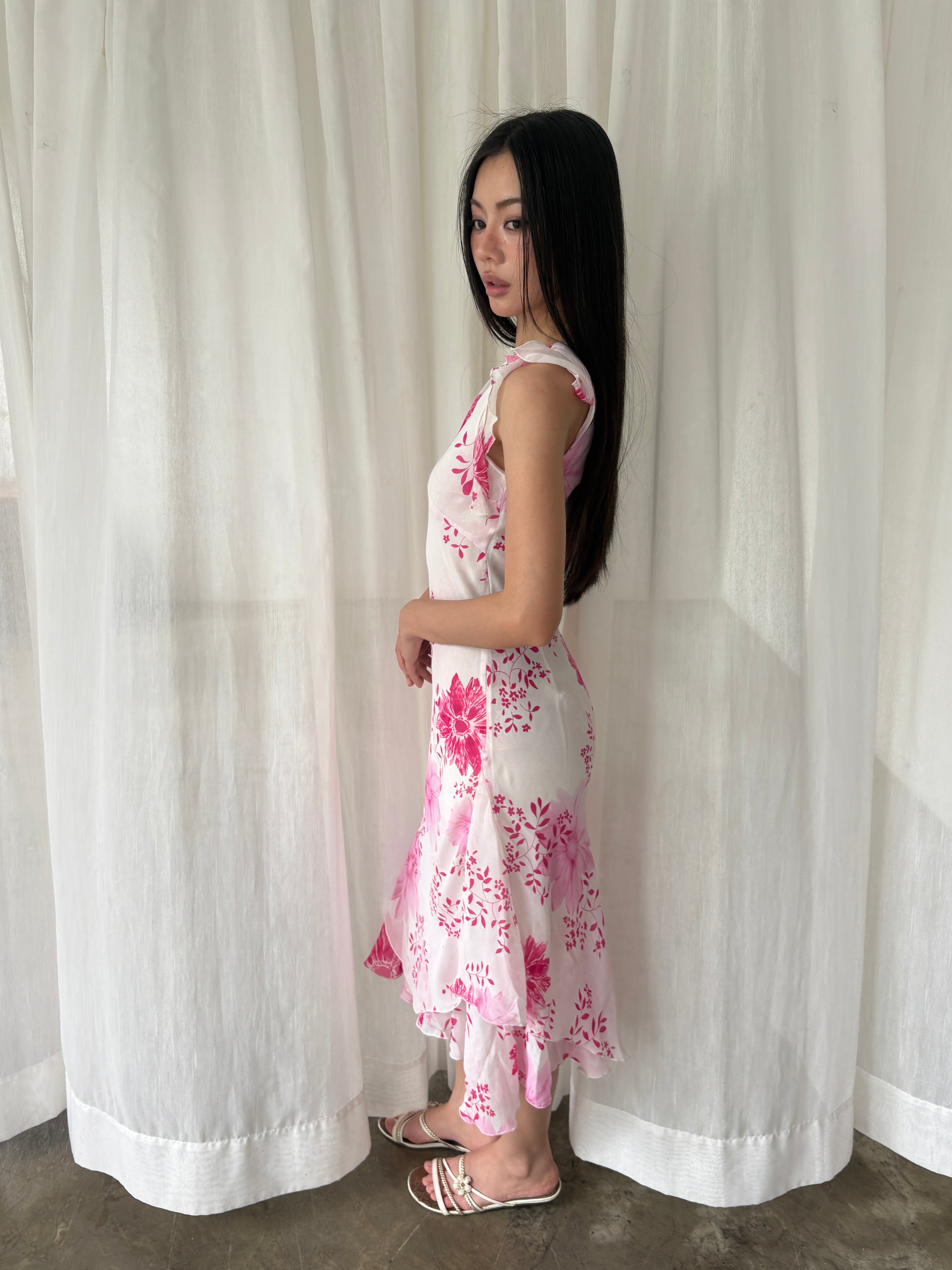 Pink floral asymmetric midi dress
