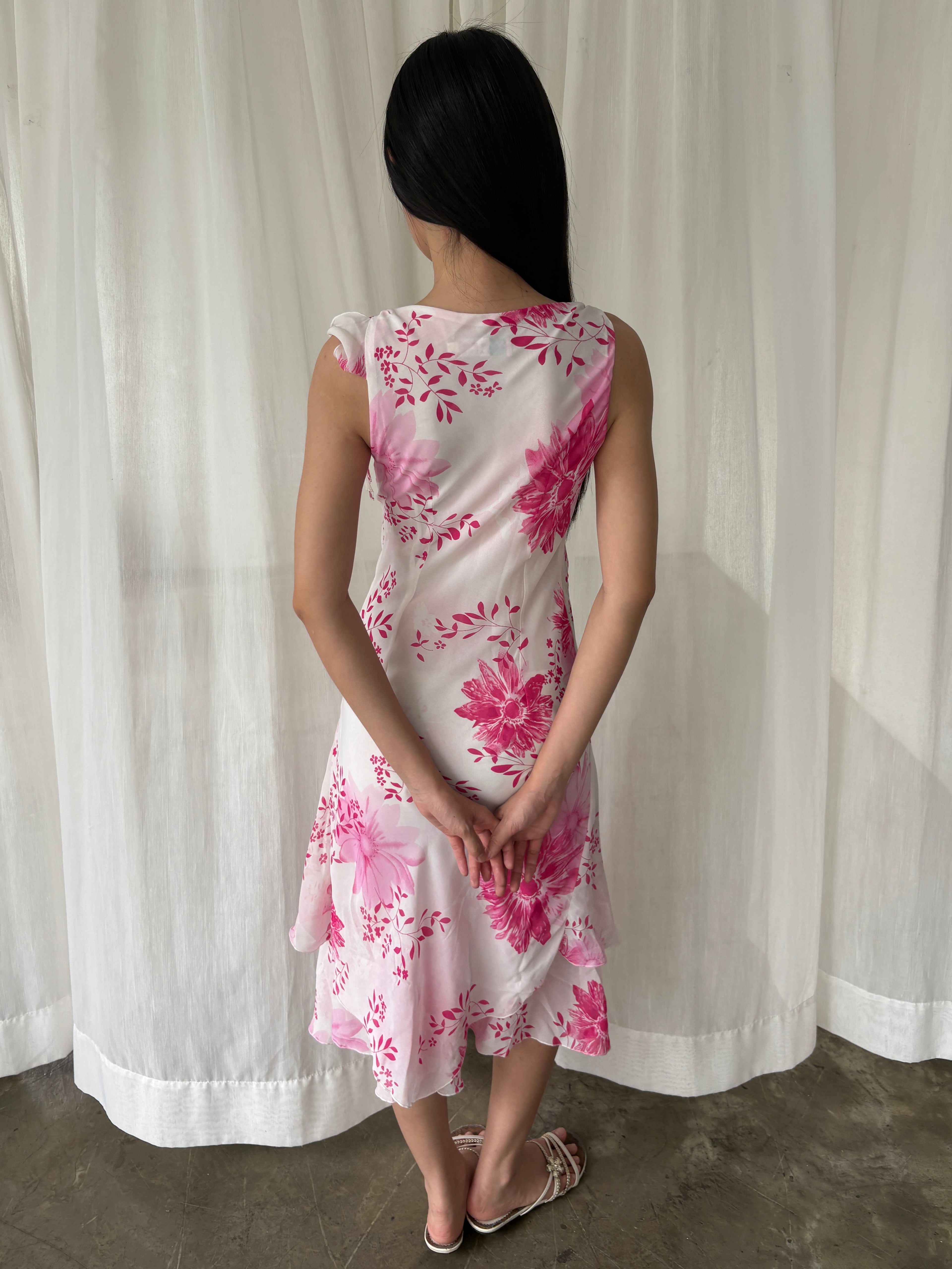 Pink floral asymmetric midi dress