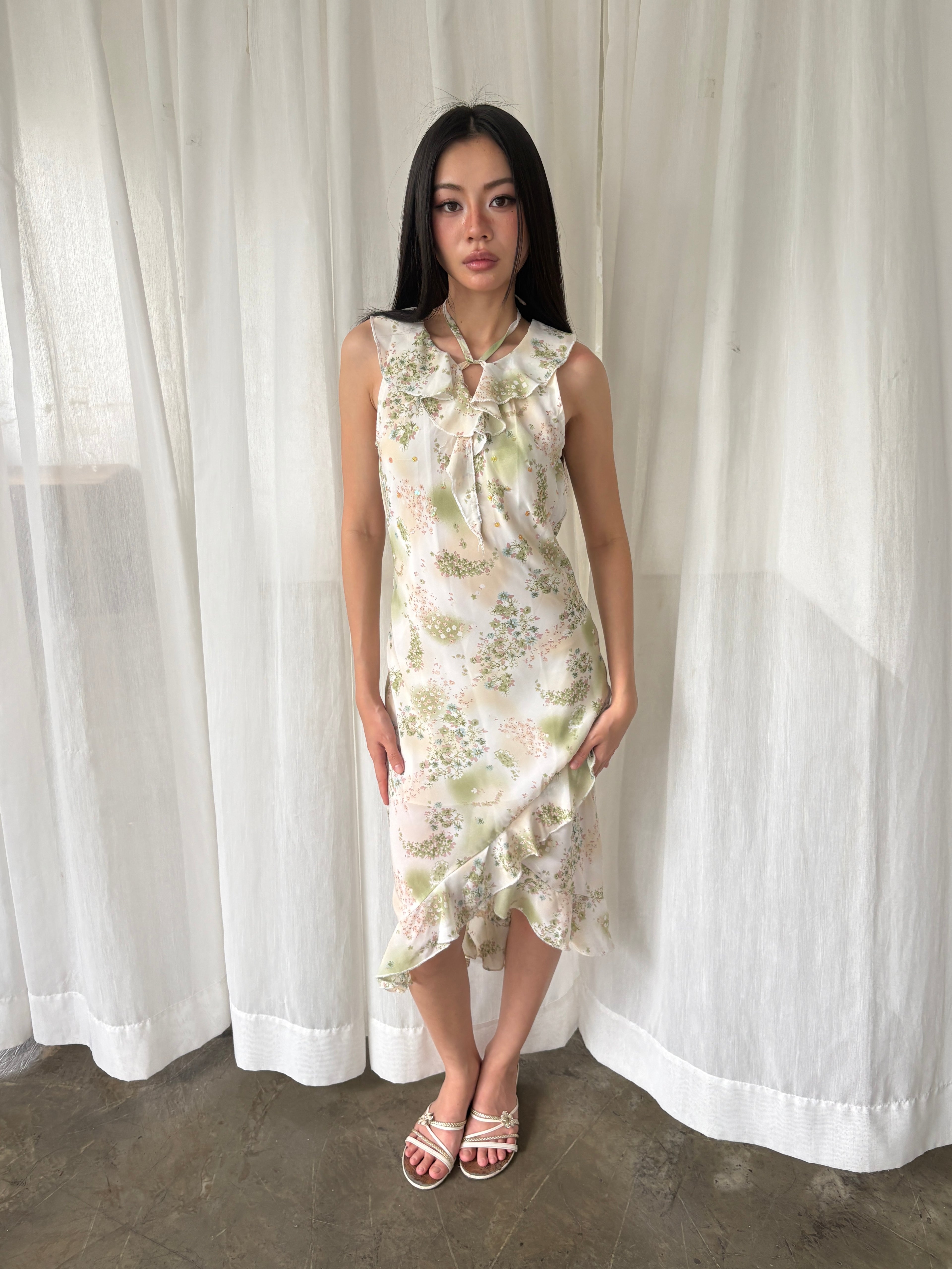Sage floral ruffle dress