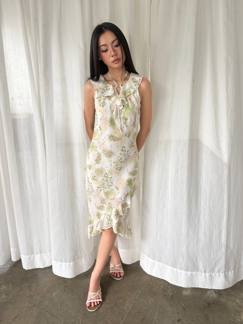 Sage floral ruffle dress