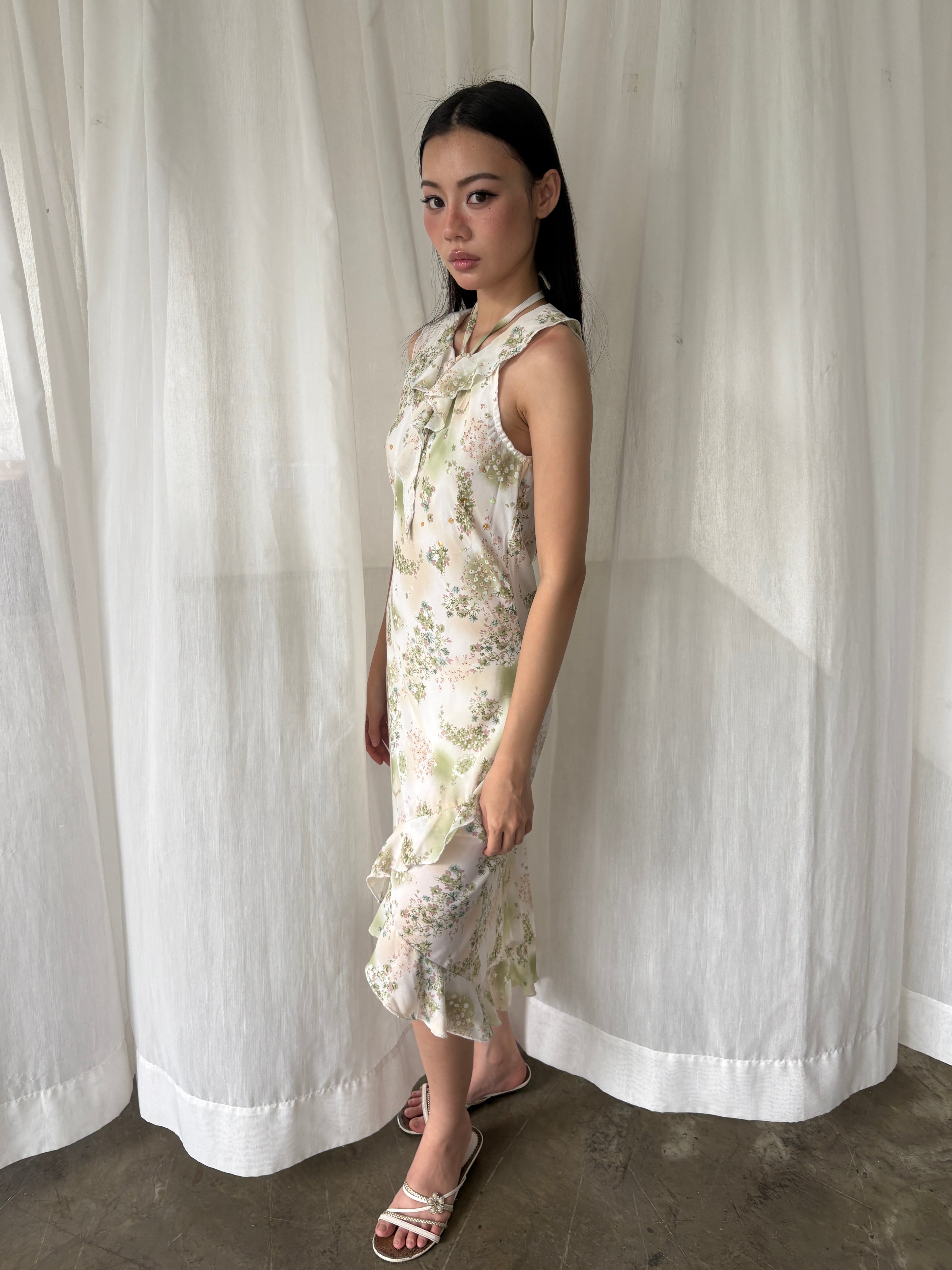 Sage floral ruffle dress