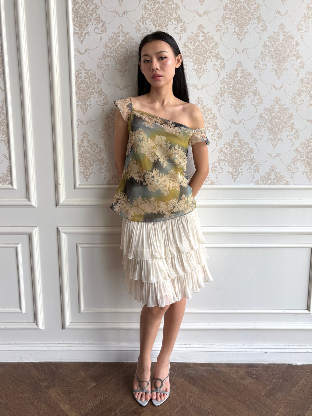 Draped shoulder chiffon blouse