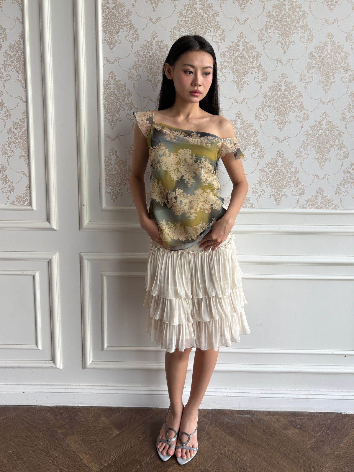 Draped shoulder chiffon blouse