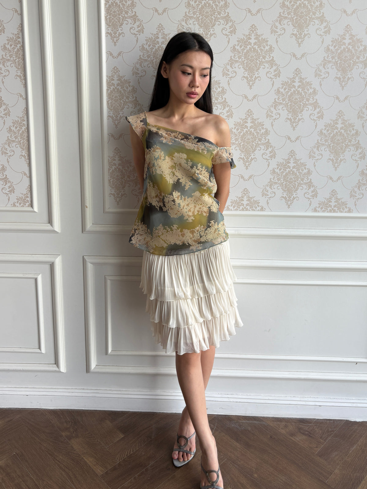 Draped shoulder chiffon blouse