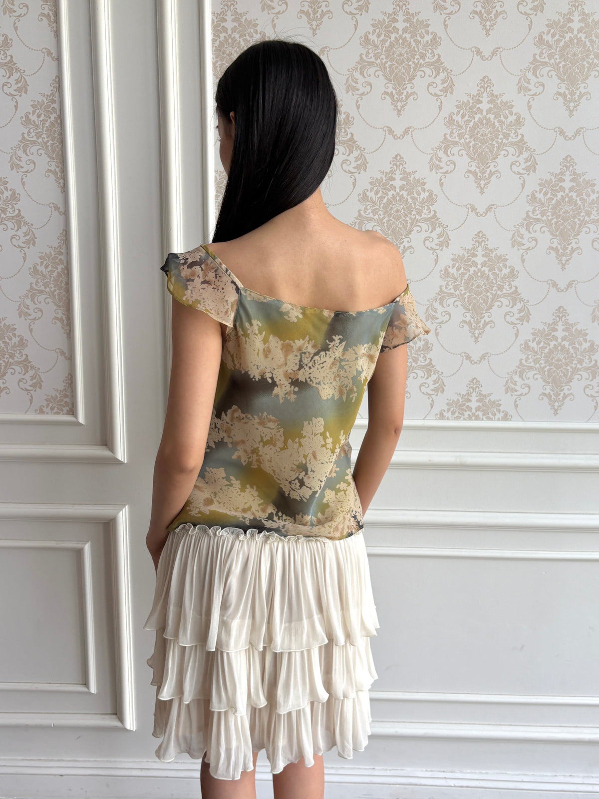 Draped shoulder chiffon blouse