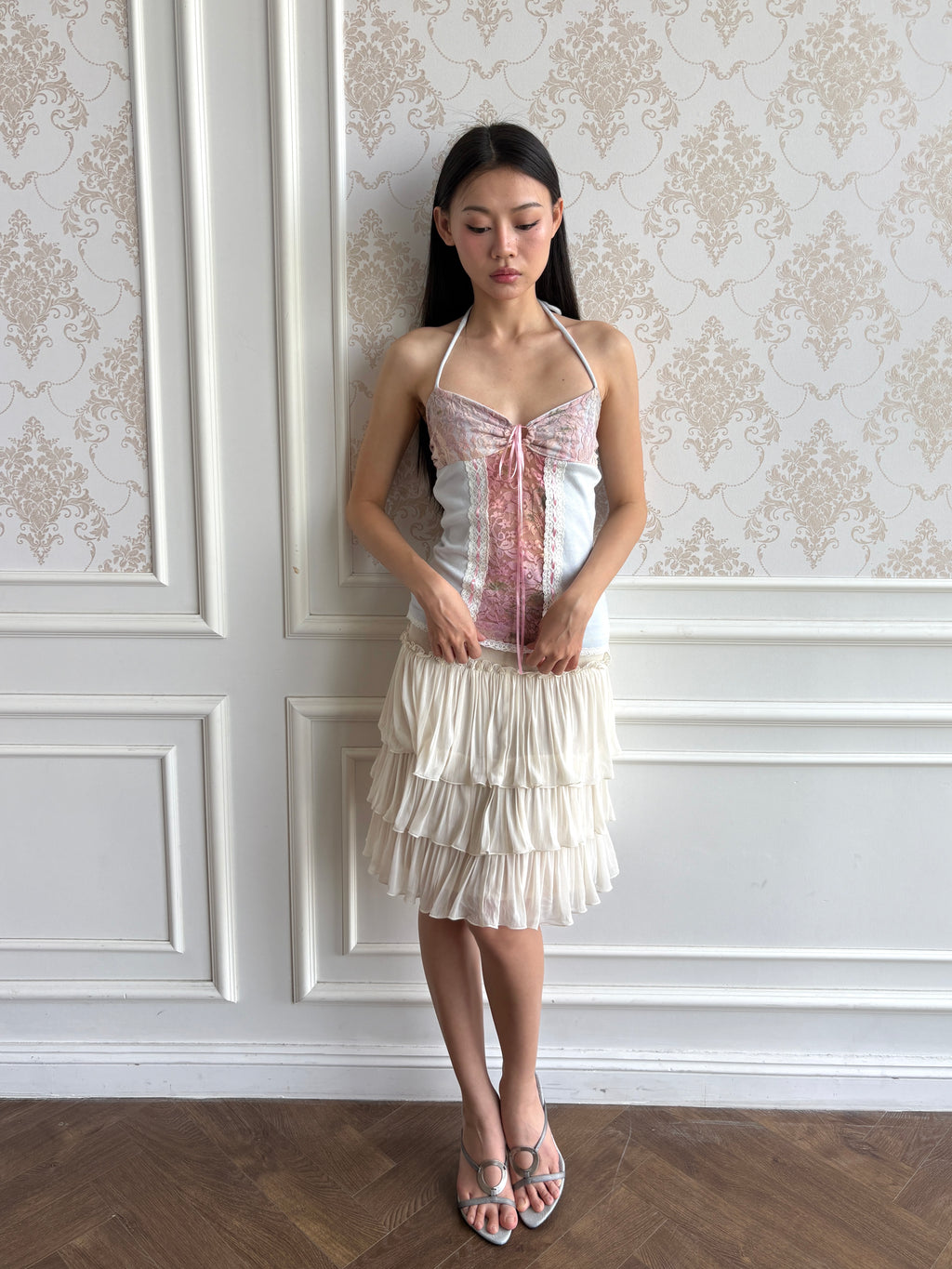 Pink lace cutout halter
