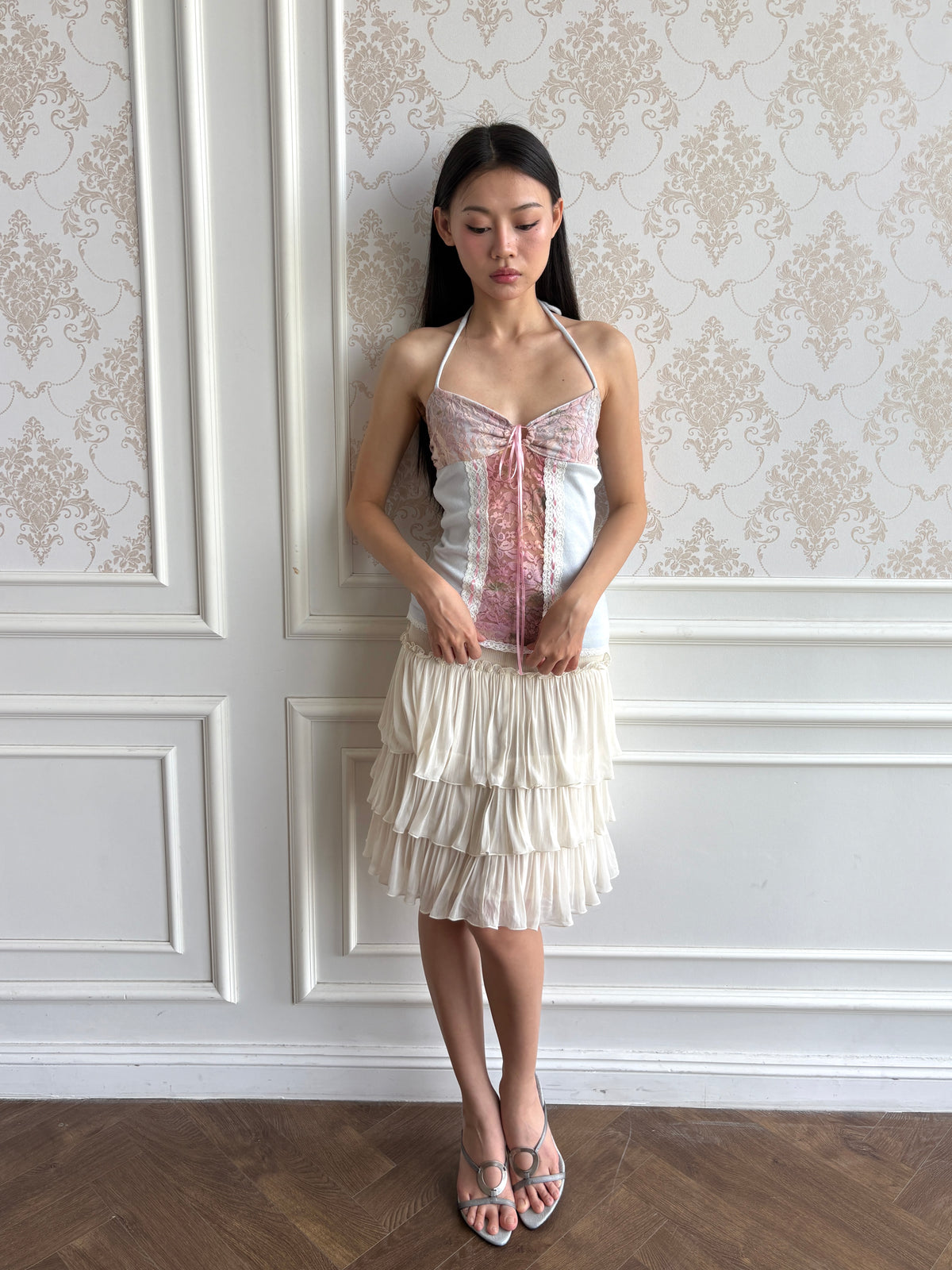 Pink lace cutout halter