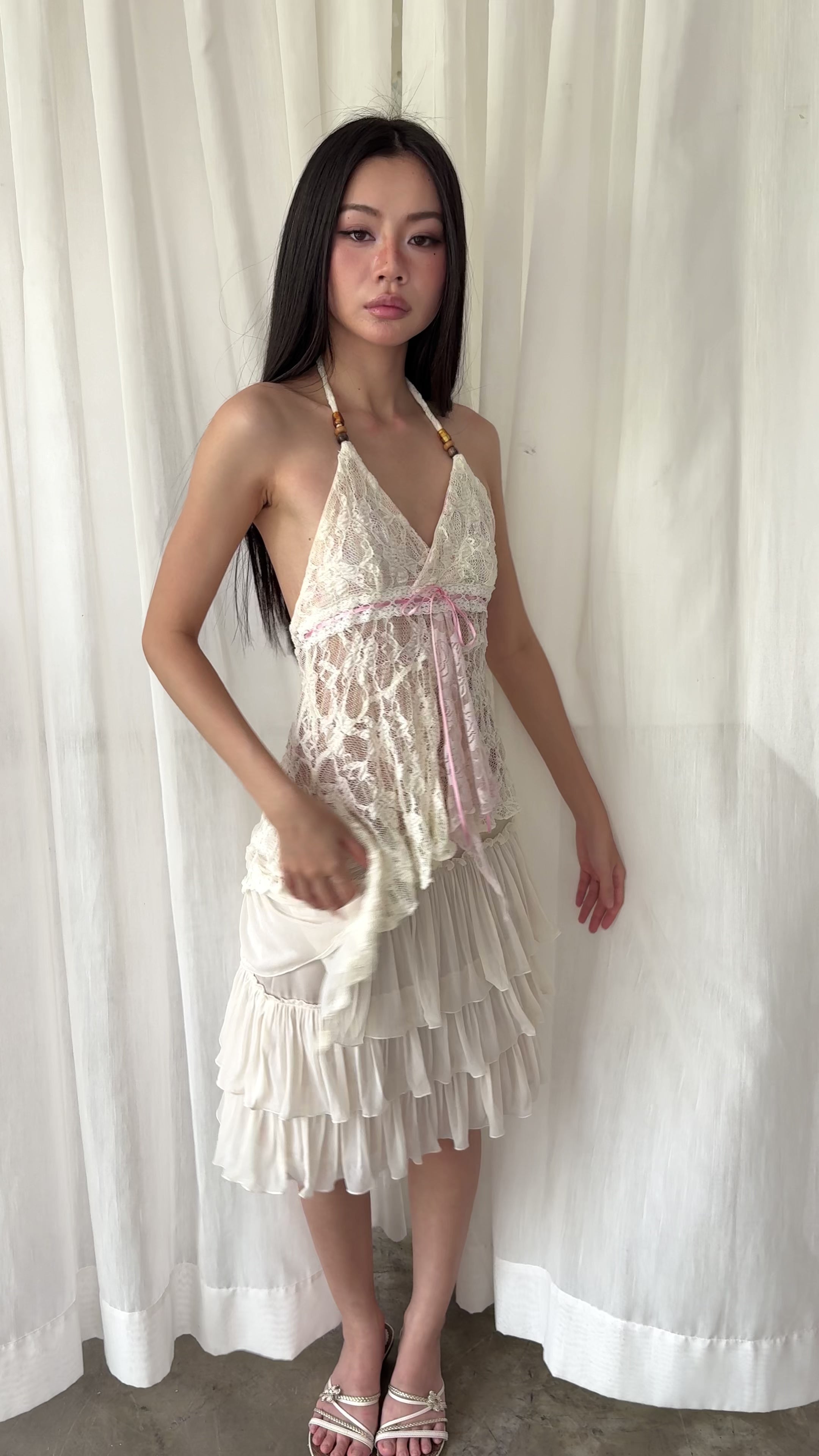 Asymmetrical lace halter top
