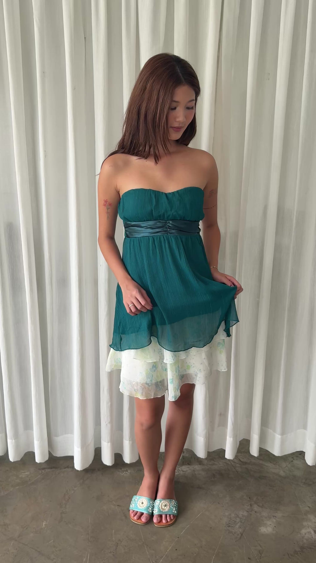 Emerald shimmer tube top & Pastel floral ruffle skirt