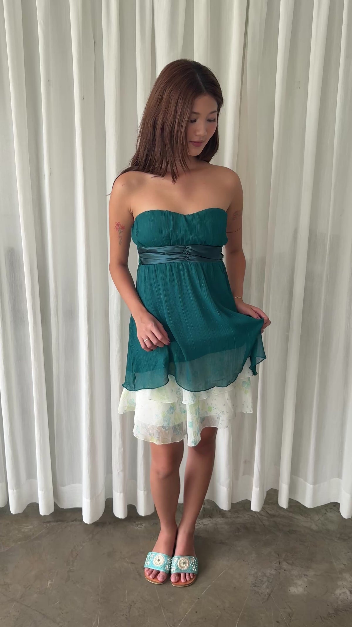Emerald shimmer tube top & Pastel floral ruffle skirt